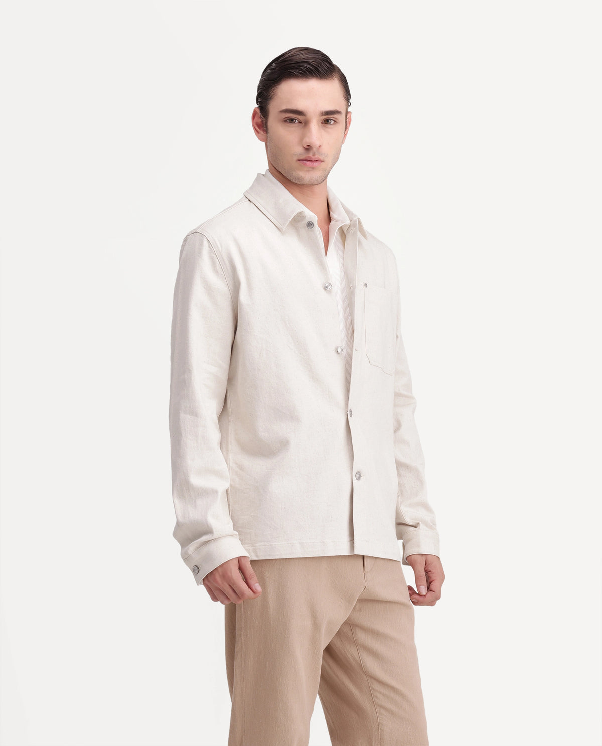 Rare Rabbit Mens Cloudy Beige Linen Blend Spread Collar Regular Plain Shacket