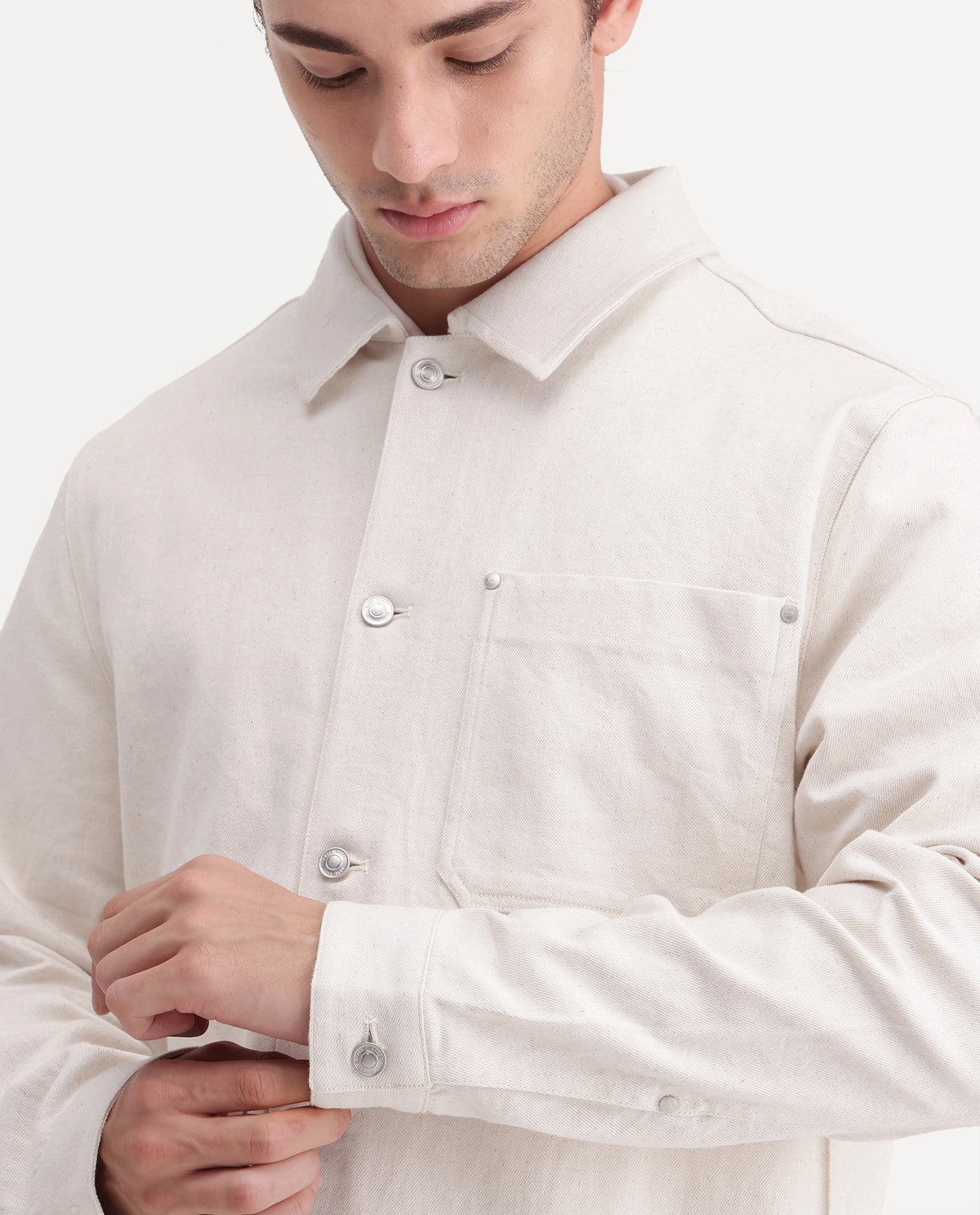 Rare Rabbit Mens Cloudy Beige Linen Blend Spread Collar Regular Plain Shacket