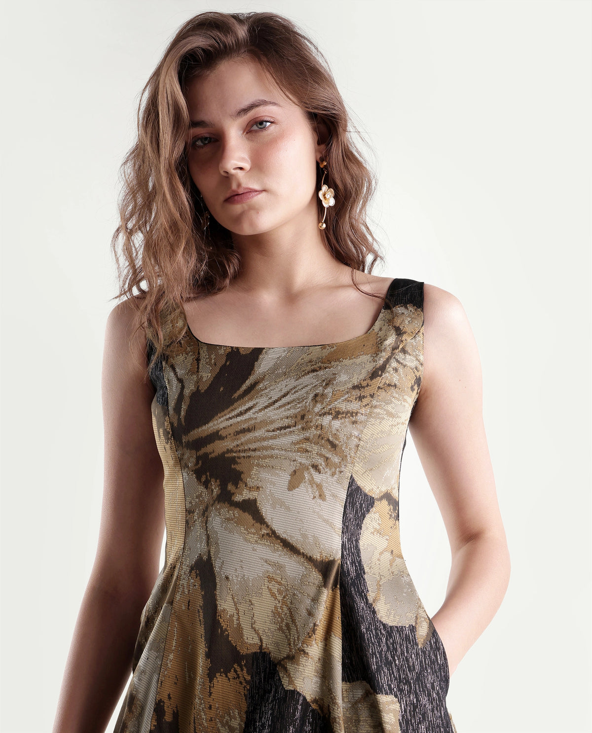 Rareism Womens Xabi Brown Polyester Blend Square Neck Sheath Floral Print Dress