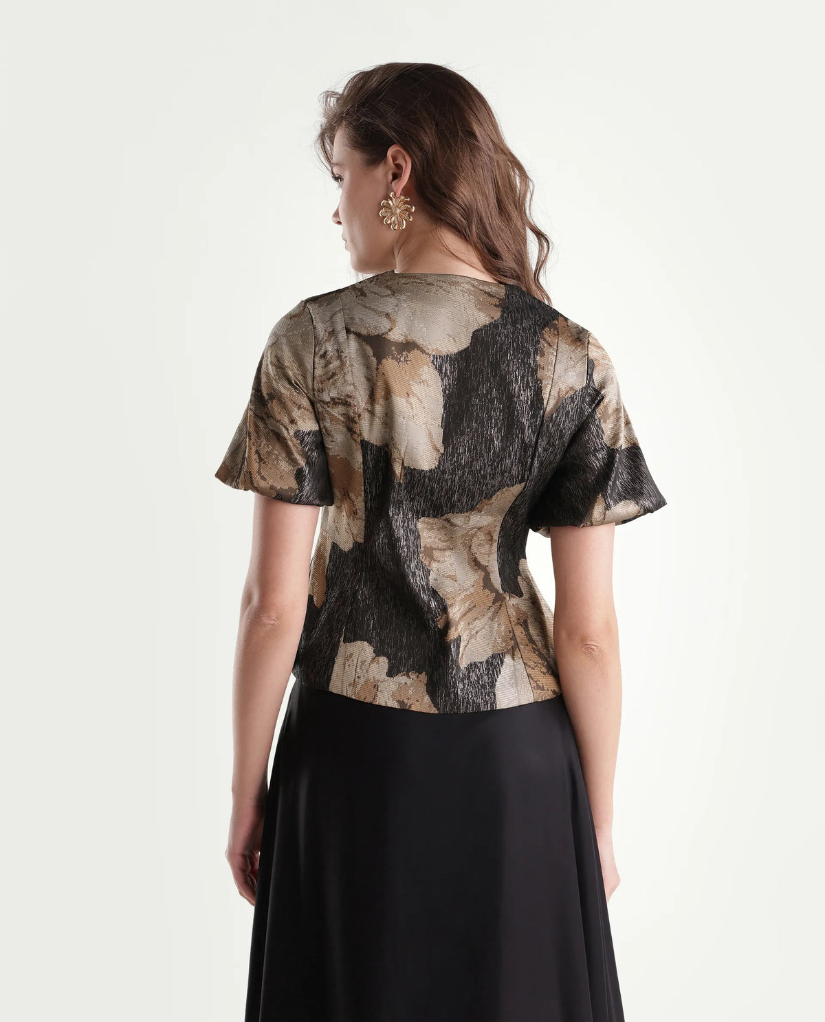 Rareism Womens Xennot Brown Polyester Blend Crew Neck Regular Floral Print Top