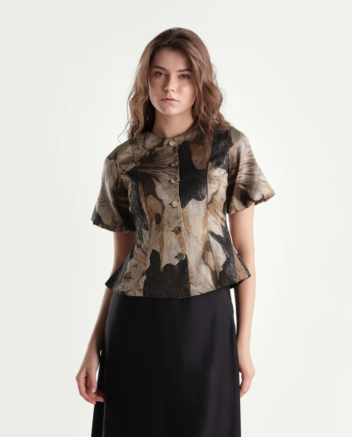 Rareism Womens Xennot Brown Polyester Blend Crew Neck Regular Floral Print Top