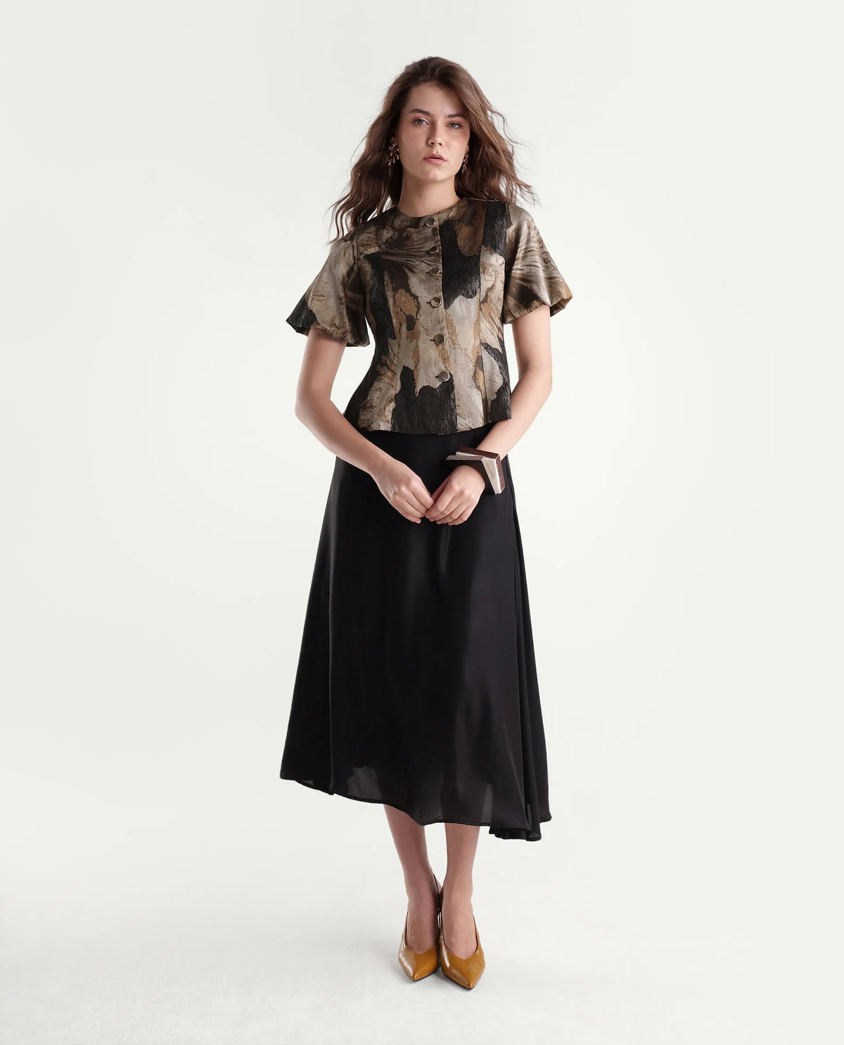 Rareism Womens Xennot Brown Polyester Blend Crew Neck Regular Floral Print Top