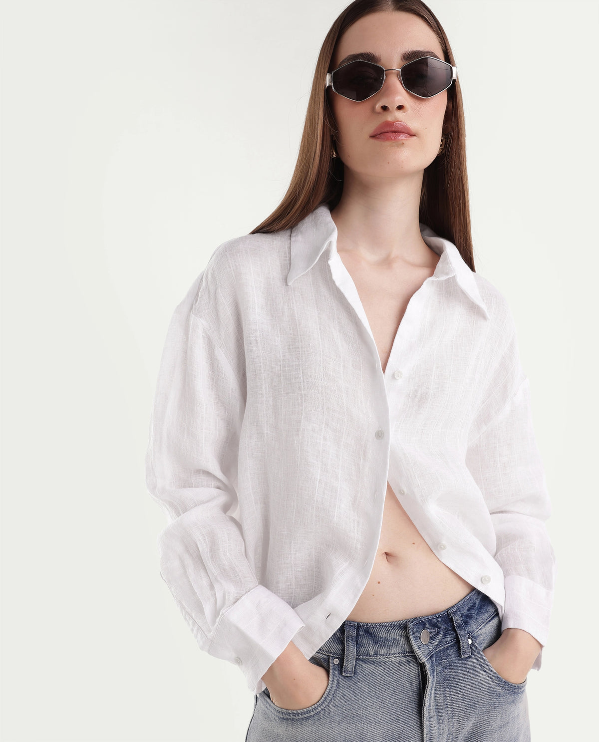 Rareism Women's Lop Light White Linen Button Relaxed Fit Shirt - image 1