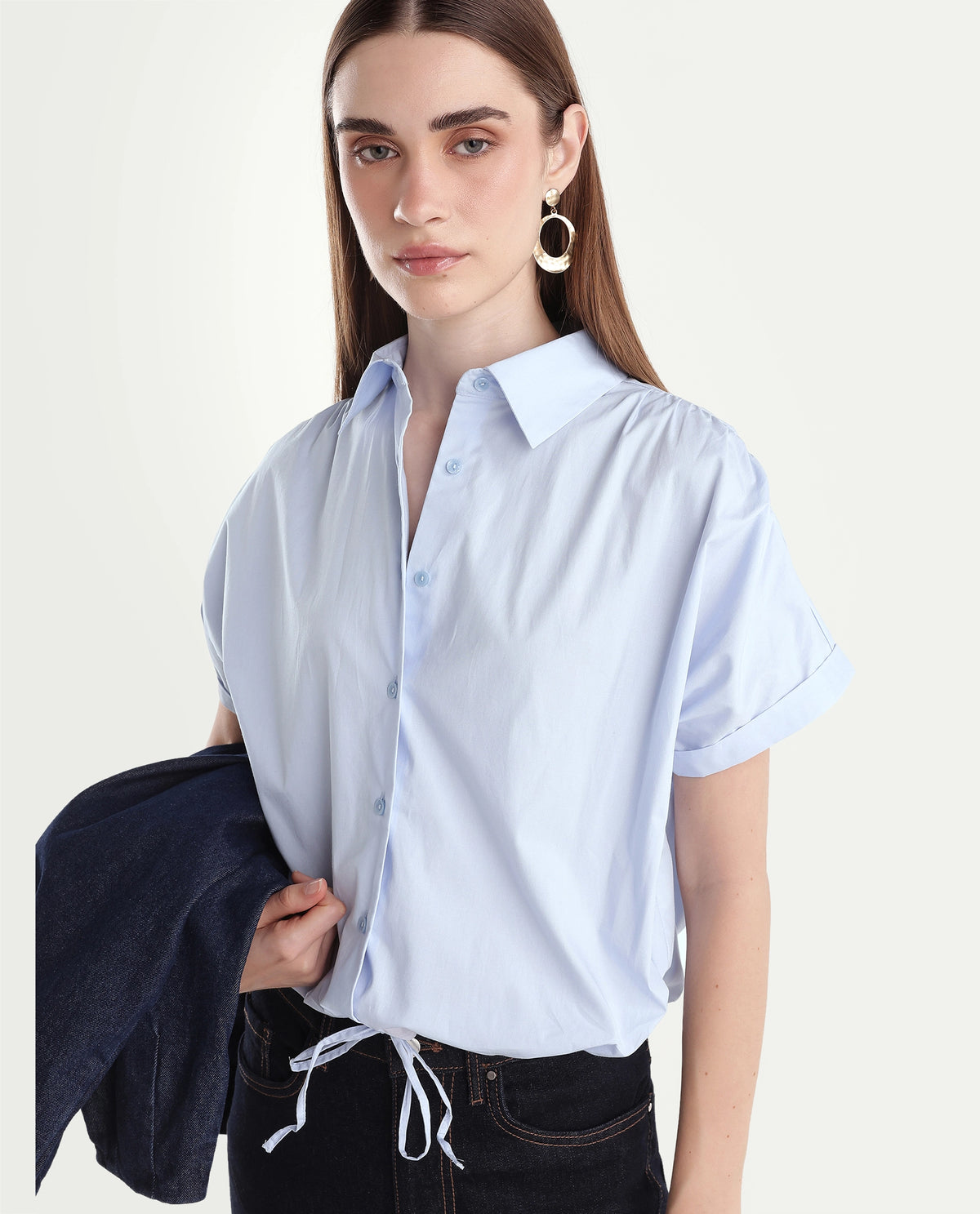 Rareism Women's Onjrop Light Blue Cotton Blend Spread Collar Boxy Solid Top - image 1