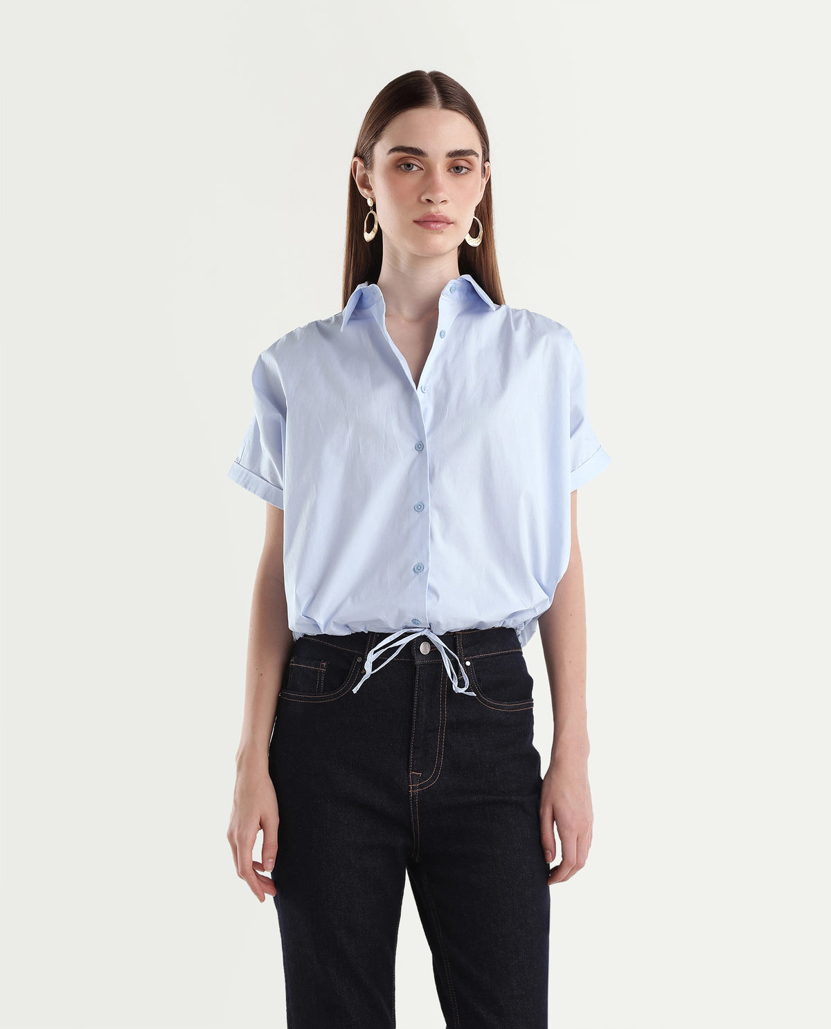 Rareism Women's Onjrop Light Blue Cotton Blend Spread Collar Boxy Solid Top - image 6