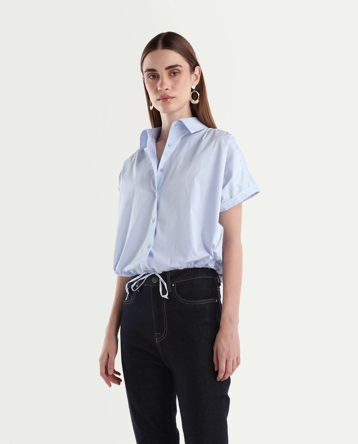 Rareism Women's Onjrop Light Blue Cotton Blend Spread Collar Boxy Solid Top - image 5
