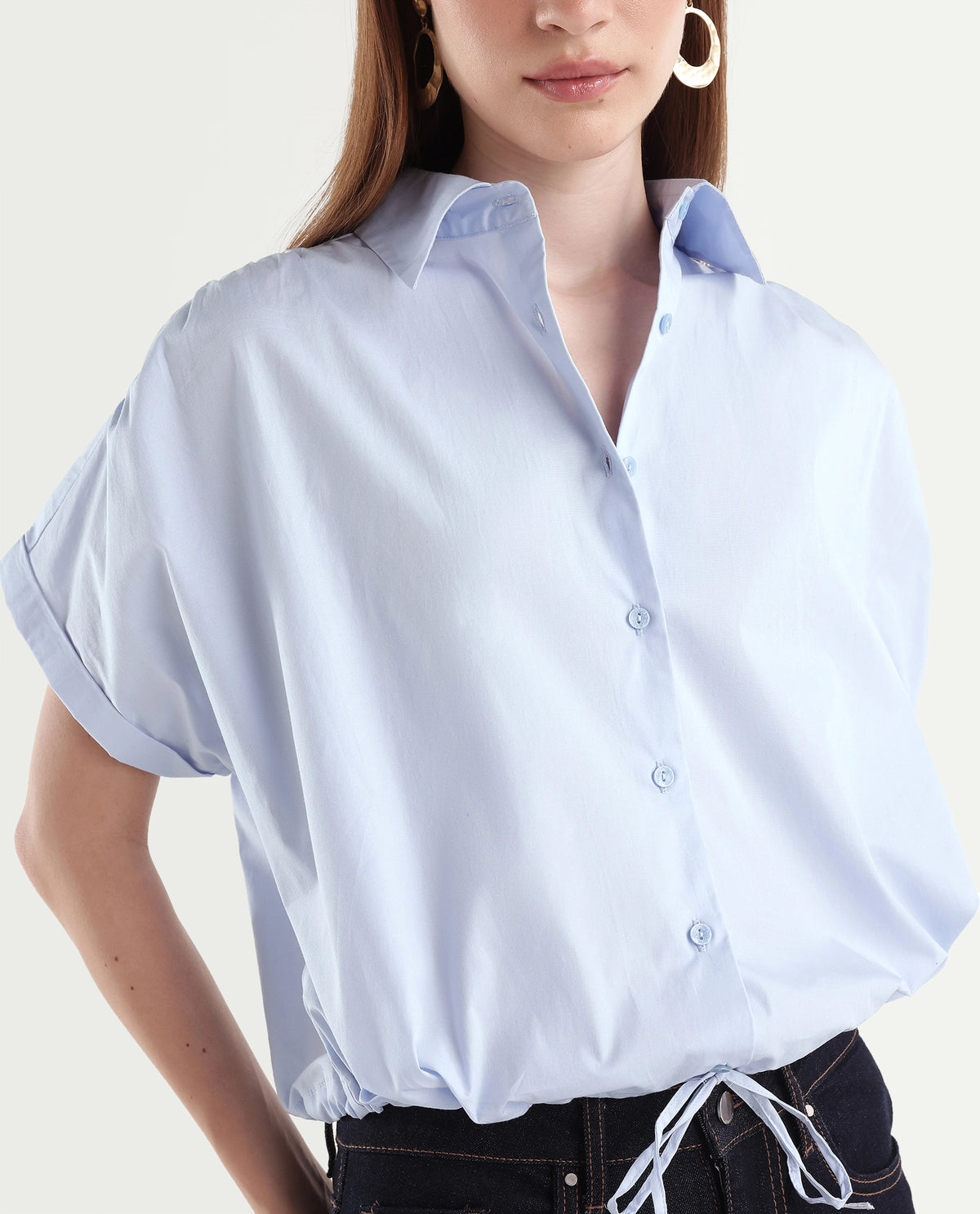 Rareism Women's Onjrop Light Blue Cotton Blend Spread Collar Boxy Solid Top - image 3