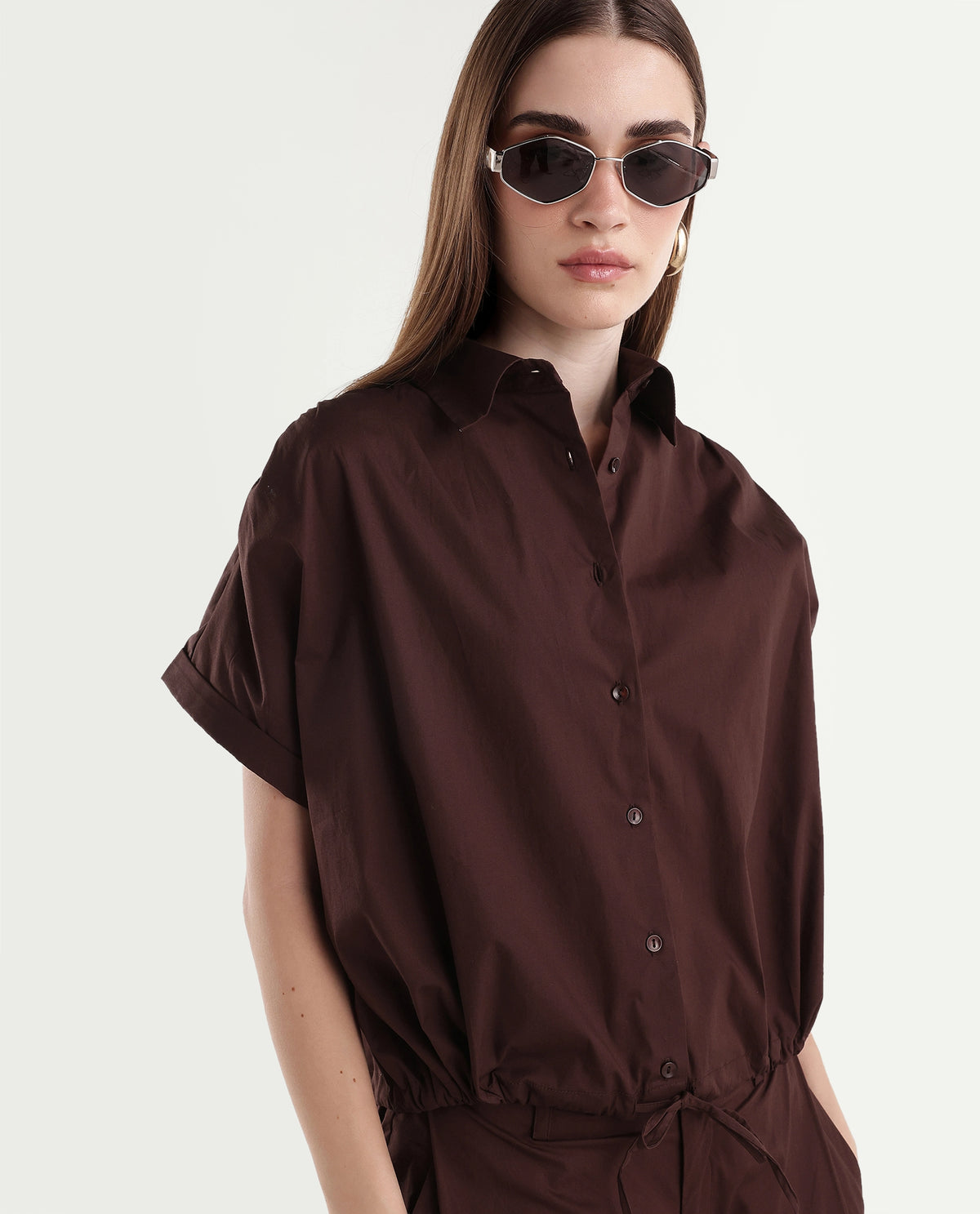 Rareism Women's Onjropo Brown Cotton Blend Spread Collar Crop Top - image 1