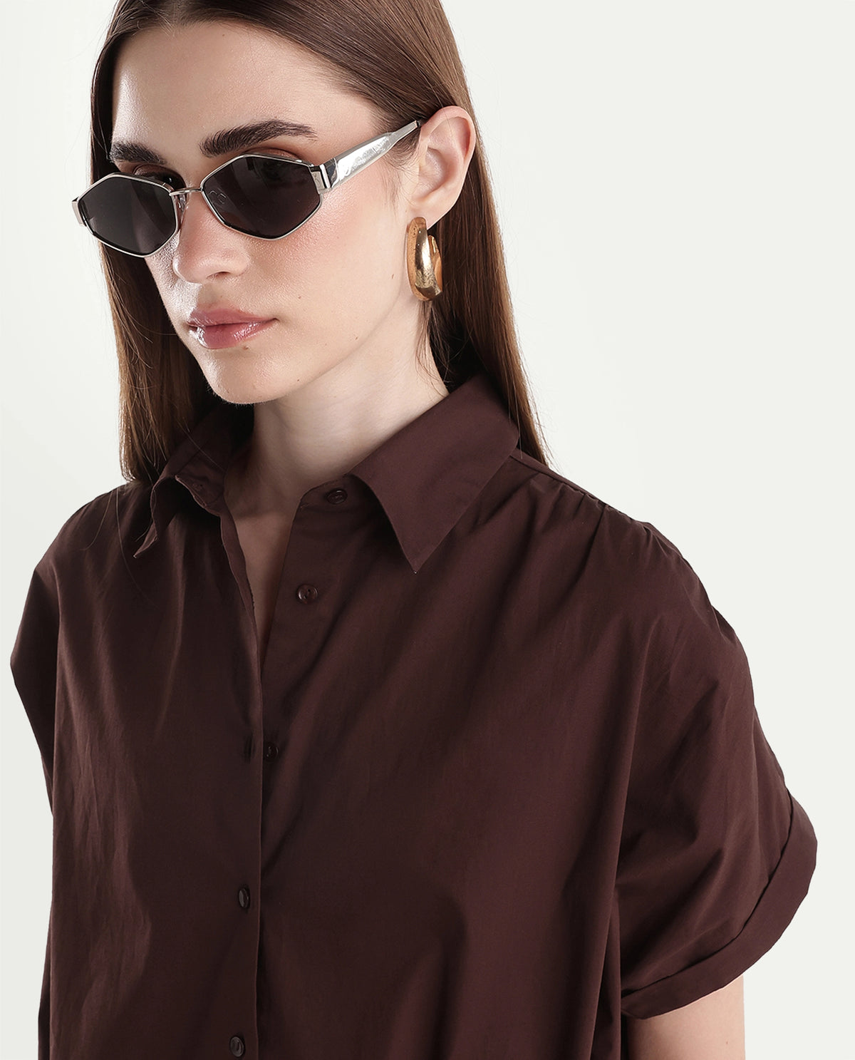 Rareism Women's Onjropo Brown Cotton Blend Spread Collar Crop Top - image 3