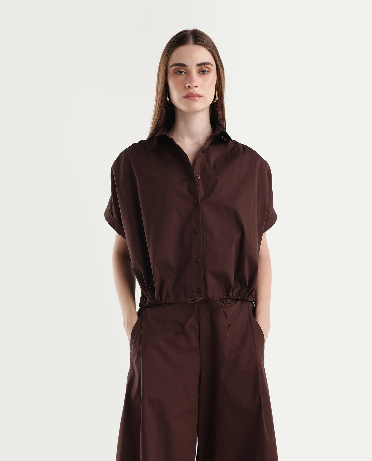 Rareism Women's Onjropo Brown Cotton Blend Spread Collar Crop Top - image 6