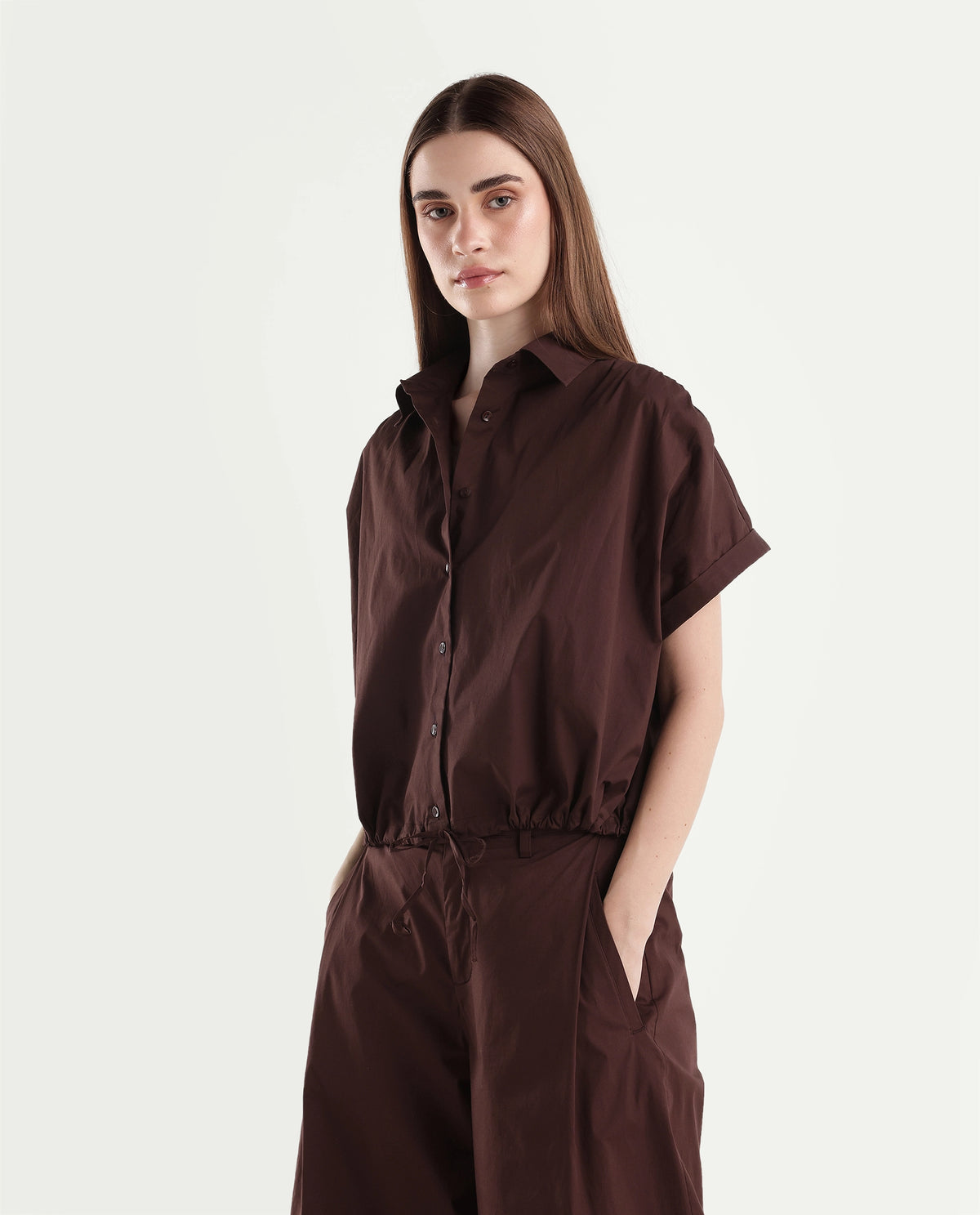 Rareism Women's Onjropo Brown Cotton Blend Spread Collar Crop Top - image 5