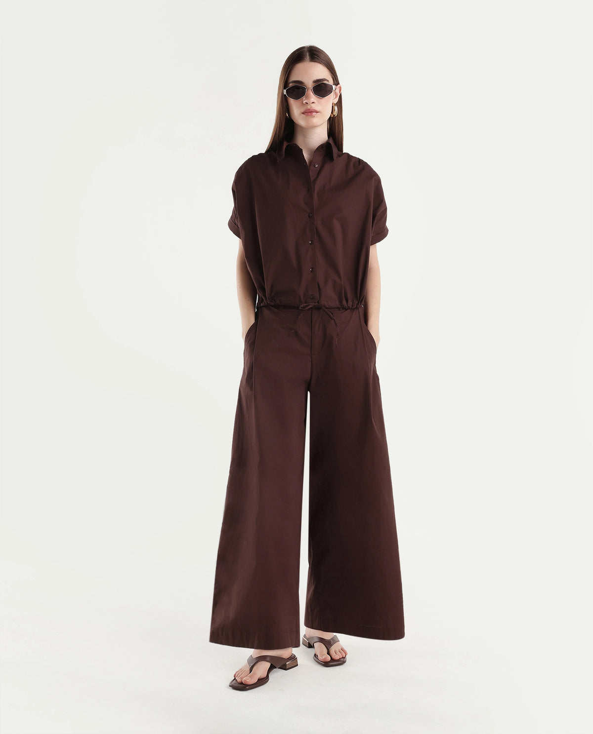 Rareism Women's Onjropo Brown Cotton Blend Spread Collar Crop Top - image 2