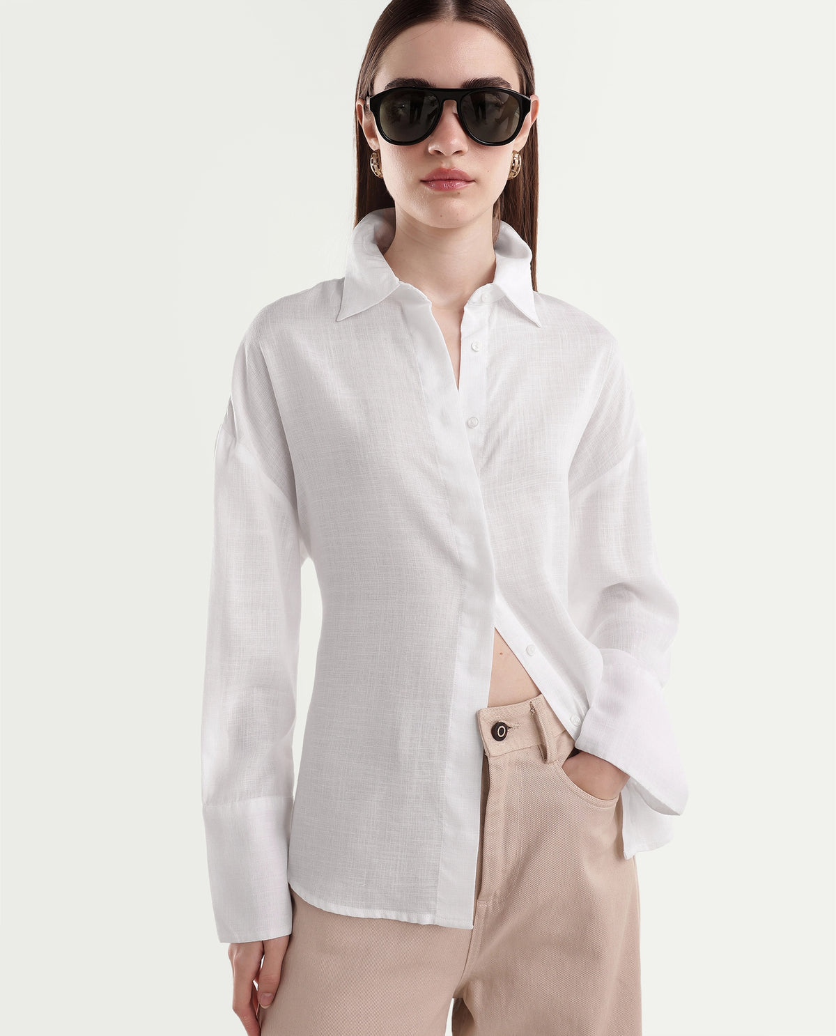 Rareism Women's Linea White Lyocell Spread Collar Button Regular Plain Shirt - image 1