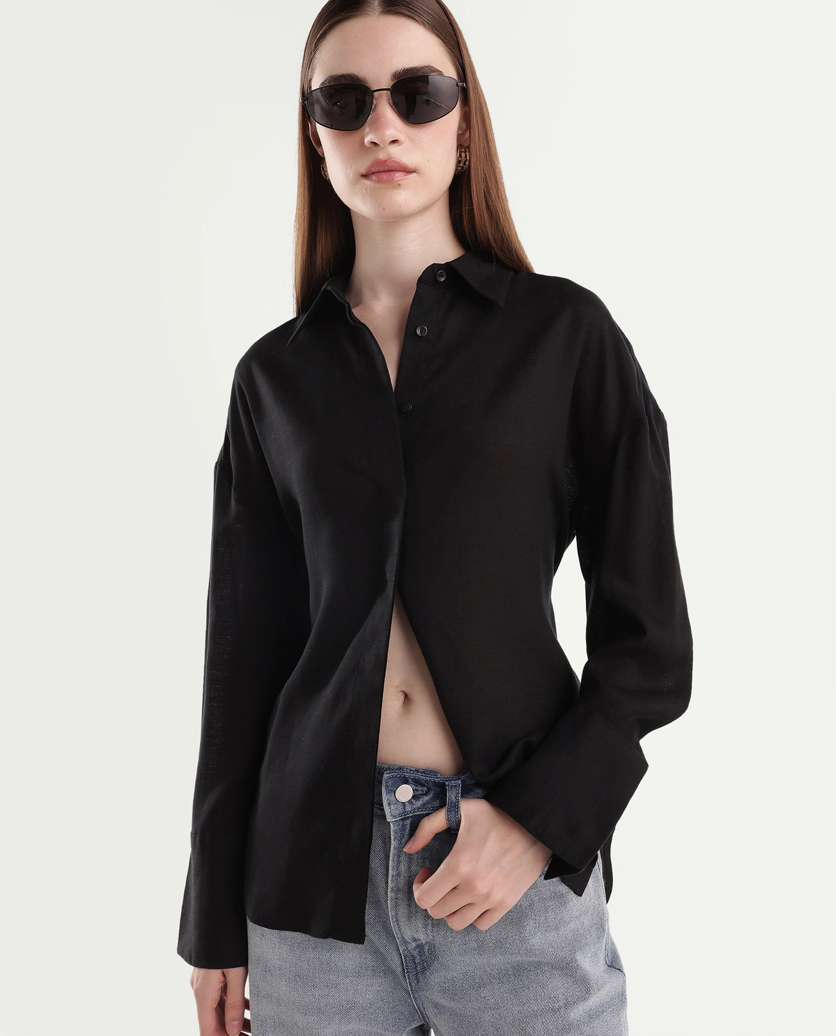 Rareism Women's Linea Black Lyocell Spread Collar Button Regular Plain Shirt - image 1