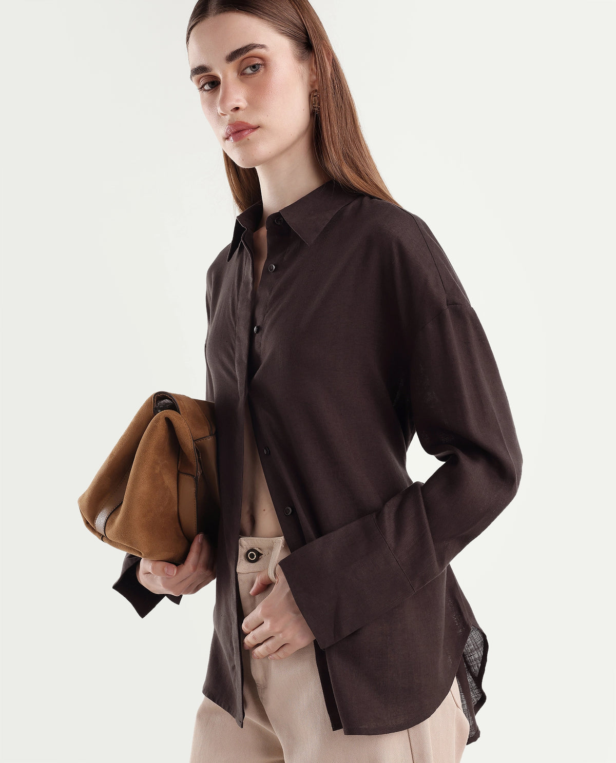 Rareism Women's Linea Brown Lyocell Spread Collar Button Regular Fit Shirt - image 1