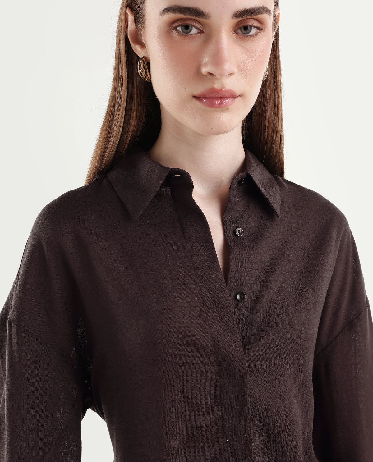 Rareism Women's Linea Brown Lyocell Spread Collar Button Regular Fit Shirt - image 3
