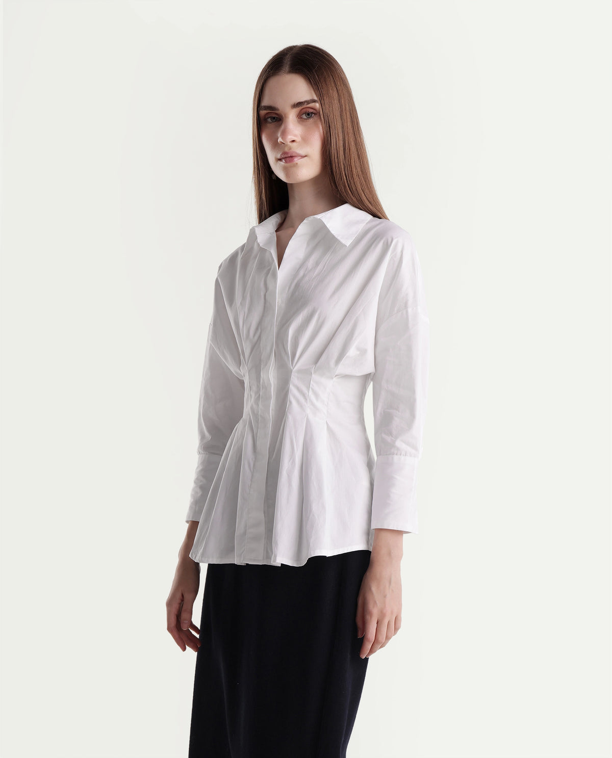Rareism Women's Stylos White Cotton Spread Collar Cinched Waist Shirt - image 5