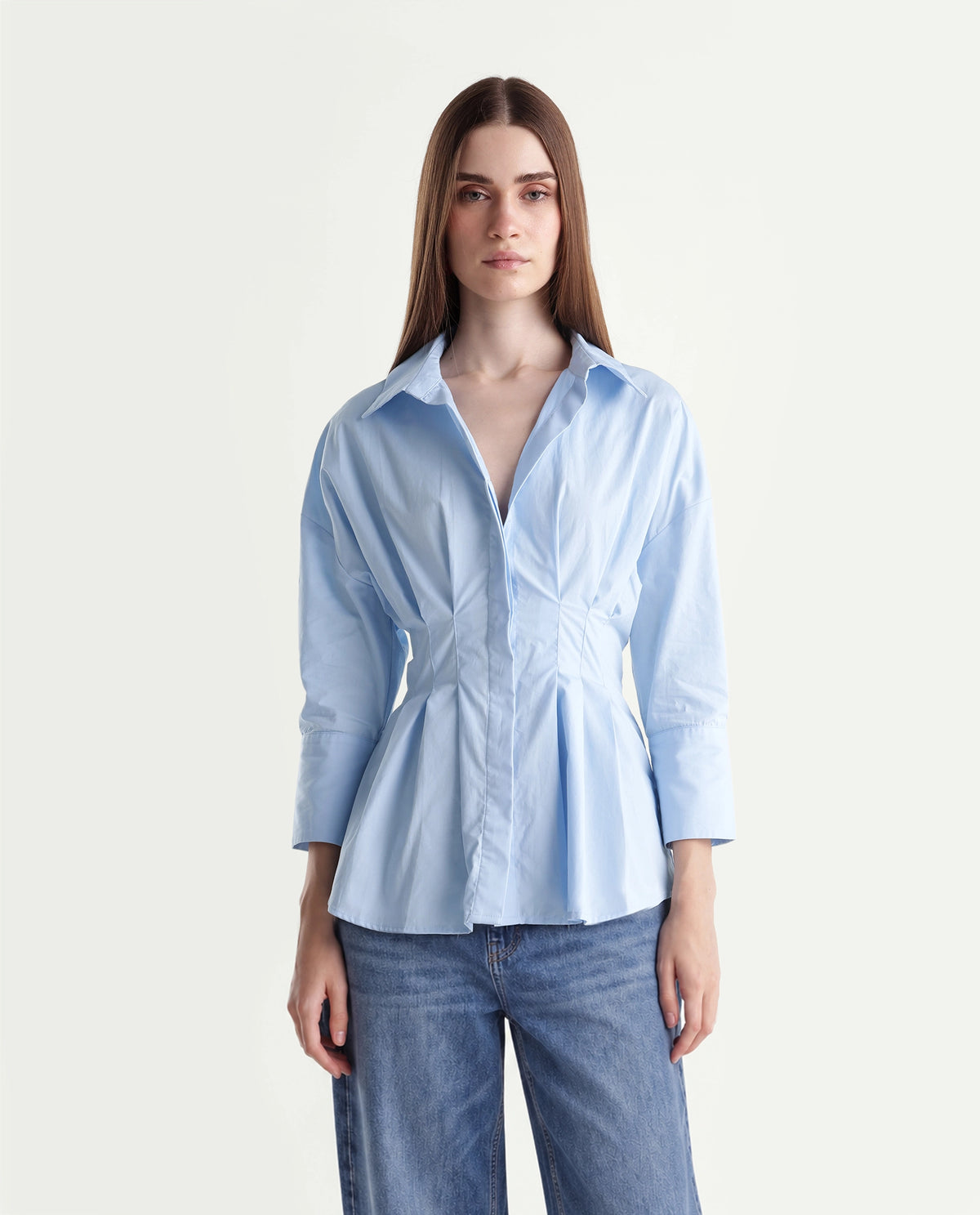Rareism Women's Stylos Light Blue Cotton Spread Collar Cinched Waist Shirt - image 6