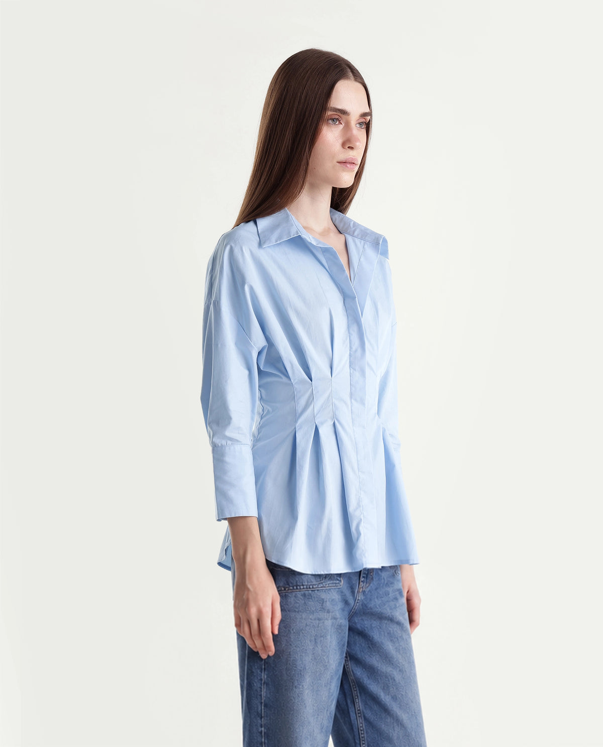 Rareism Women's Stylos Light Blue Cotton Spread Collar Cinched Waist Shirt - image 4