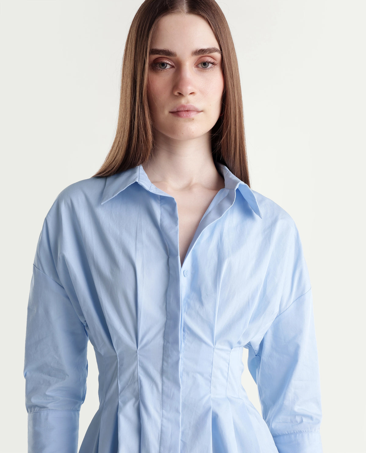 Rareism Women's Stylos Light Blue Cotton Spread Collar Cinched Waist Shirt - image 3