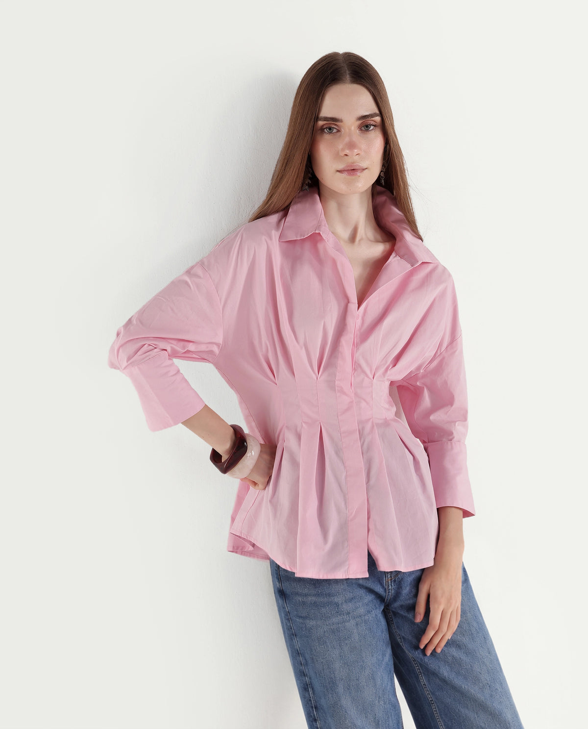 Rareism Women's Stylos Light Pink Cotton Spread Collar Cinched Waist Shirt - image 1