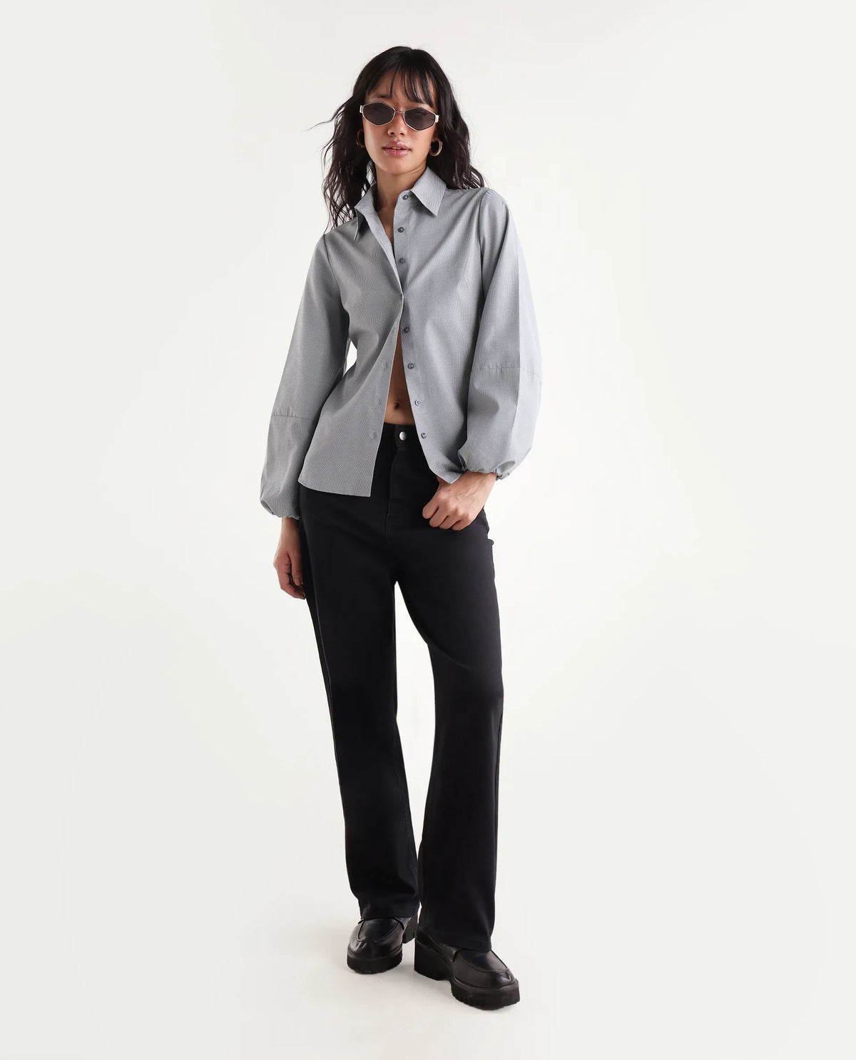 Rareism Women Onism Primary Black Polyester Blend Spread Collar Striped Regular Shirt