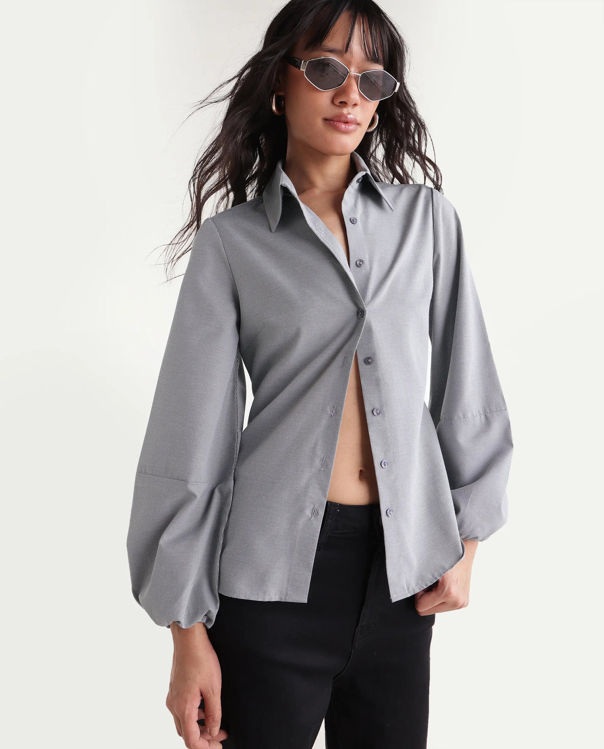 Rareism Women Onism Primary Black Polyester Blend Spread Collar Striped Regular Shirt