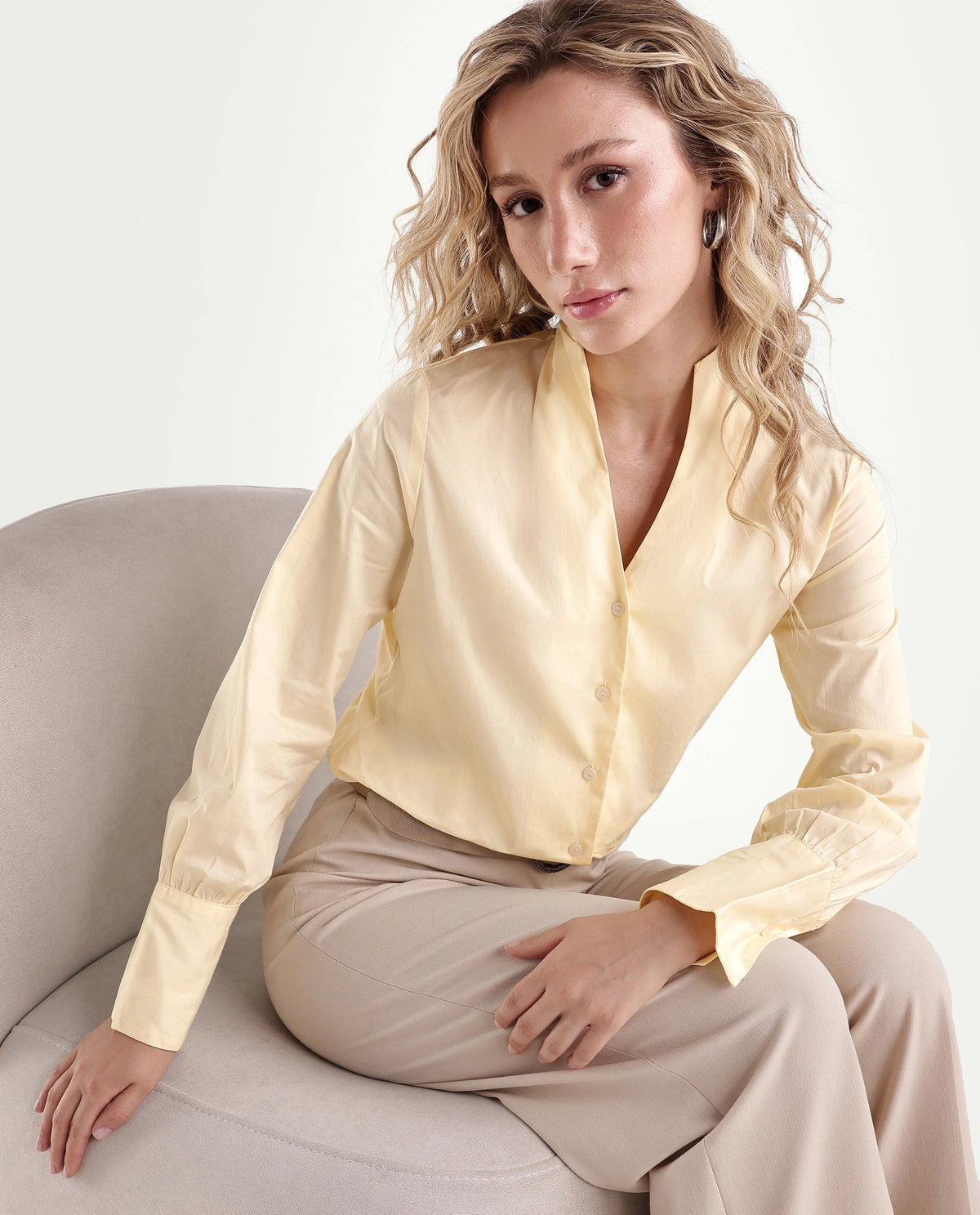 Rareism Women Onwynd Light Yellow Cotton Blend Stand Collar Plain Regular Shirt