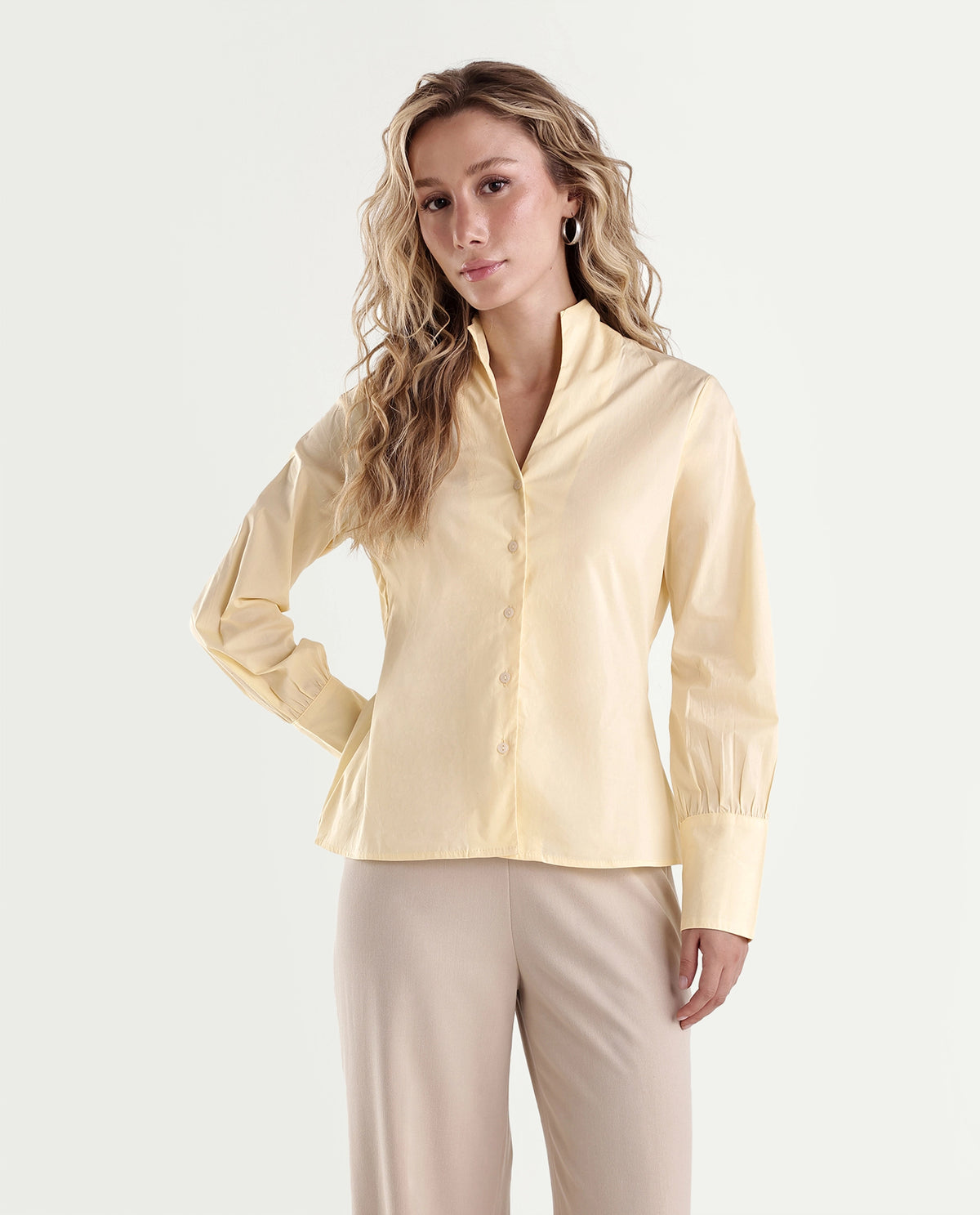 Rareism Women Onwynd Light Yellow Cotton Blend Stand Collar Plain Regular Shirt