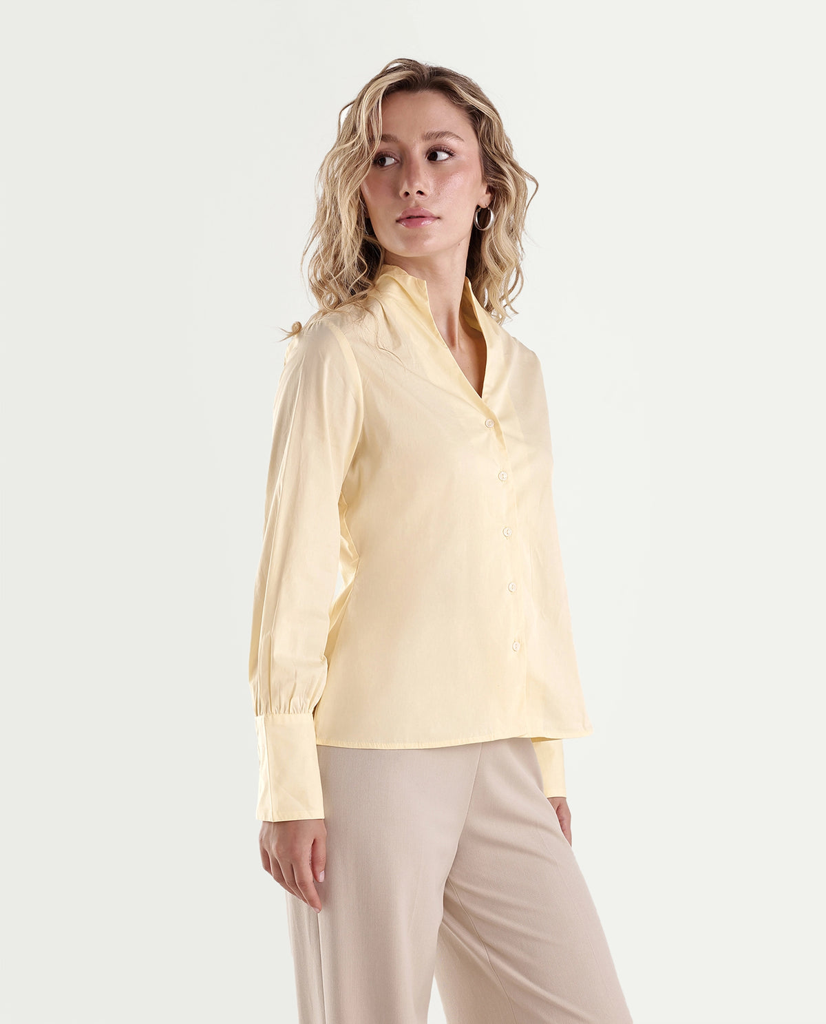 Rareism Women Onwynd Light Yellow Cotton Blend Stand Collar Plain Regular Shirt