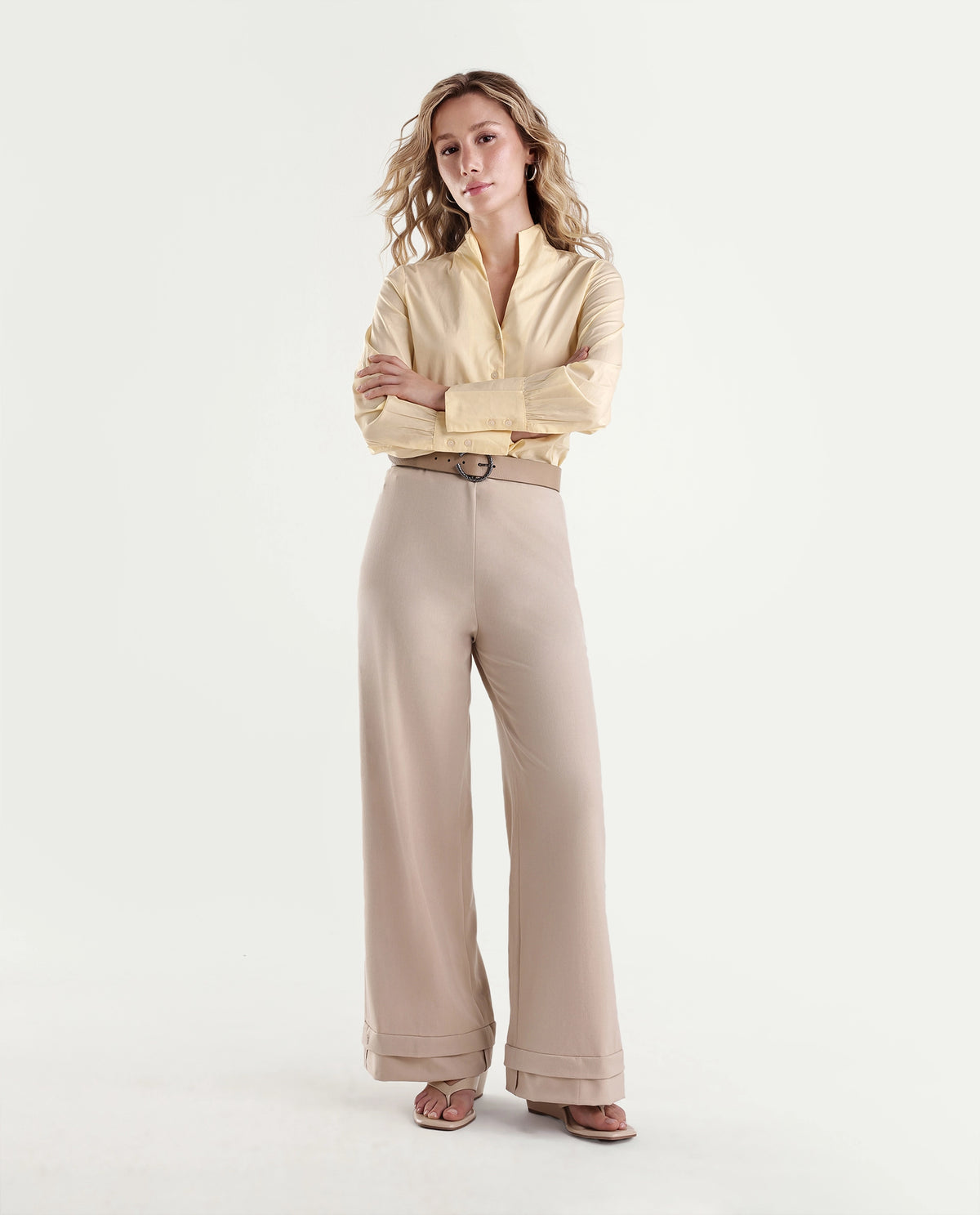Rareism Women Onwynd Light Yellow Cotton Blend Stand Collar Plain Regular Shirt