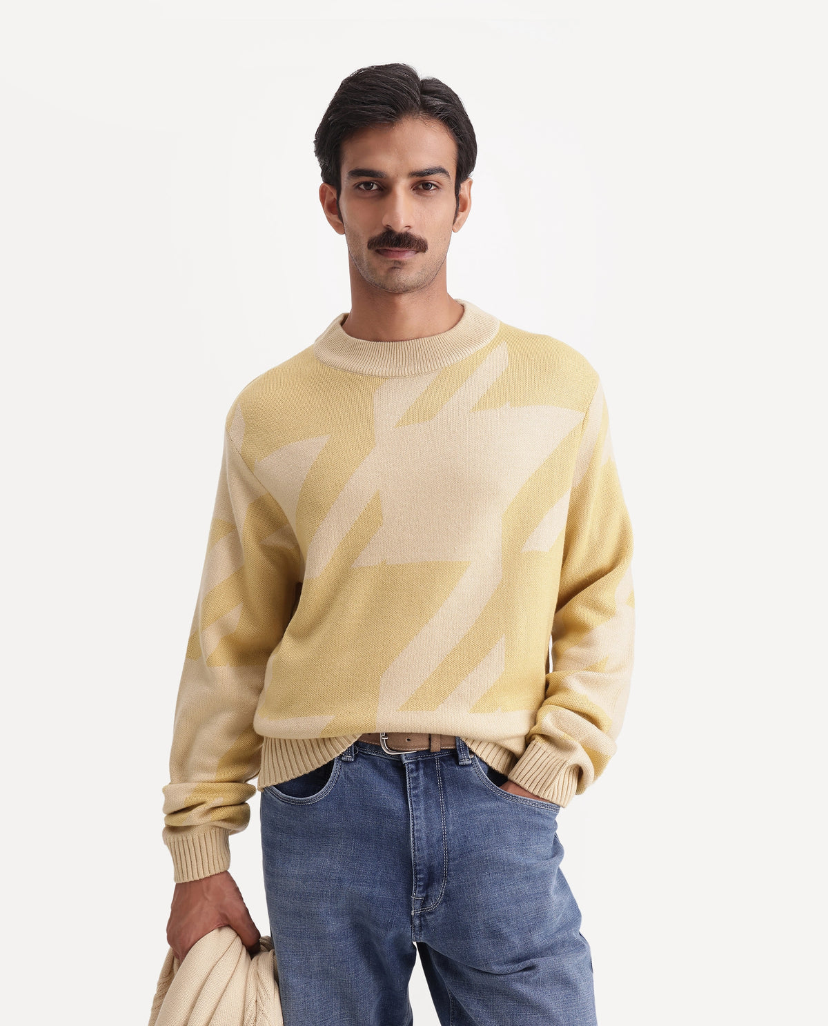 Rare Rabbit Men's Vint-E Dusky Yellow Acrylic Crew Neck Regular Fit Jacquard Sweater - image 1
