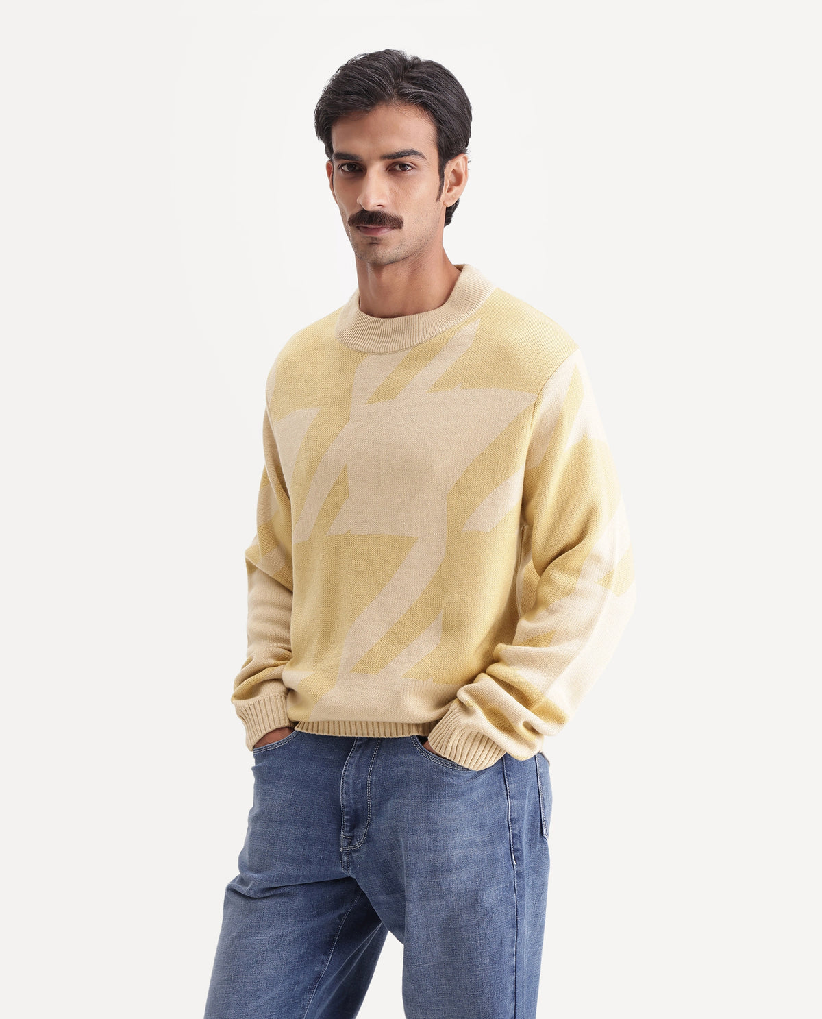 Rare Rabbit Men's Vint-E Dusky Yellow Acrylic Crew Neck Regular Fit Jacquard Sweater - image 5