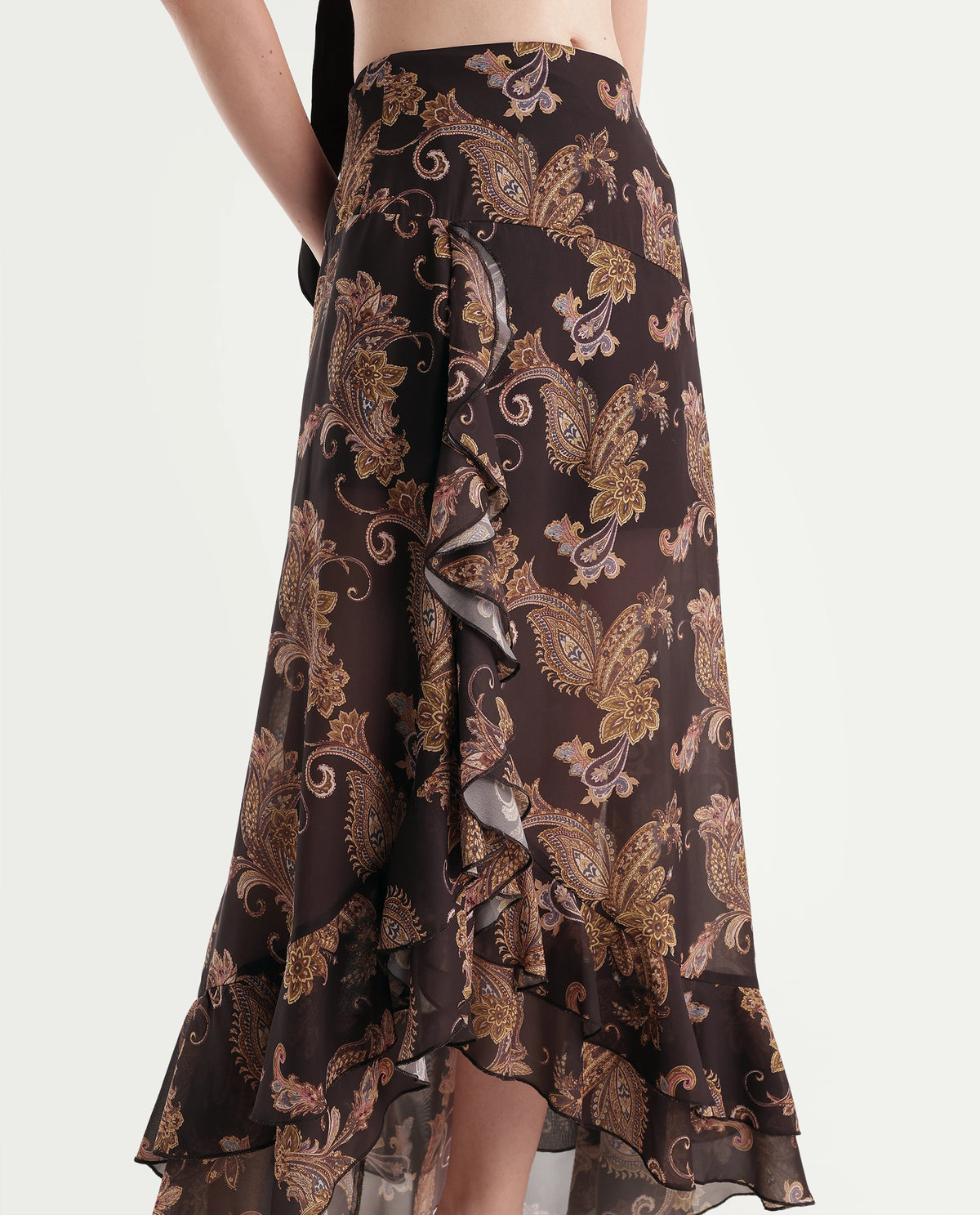 Rareism Women's Onfino Brown Polyester Button And Zip A-Line Paisley Print Skirt - image 3