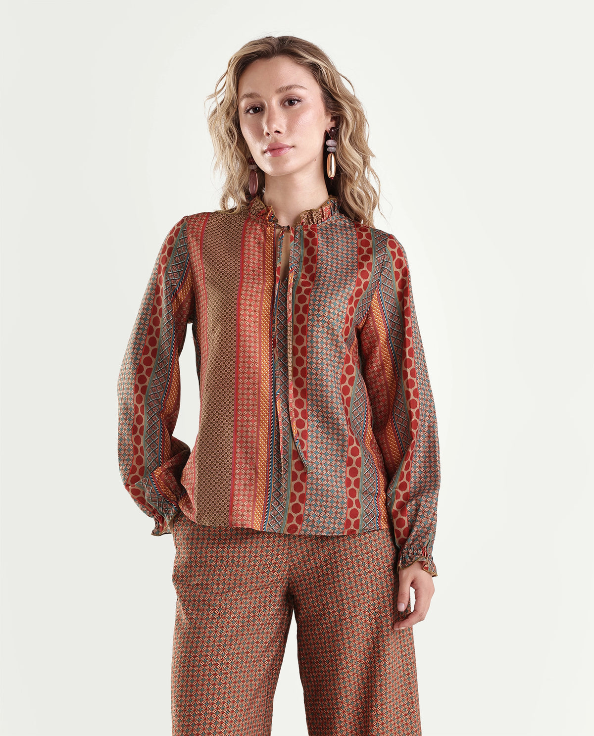 Rareism Womens Onflow Multi Polyester Ruffled Neck Regular Printed Top