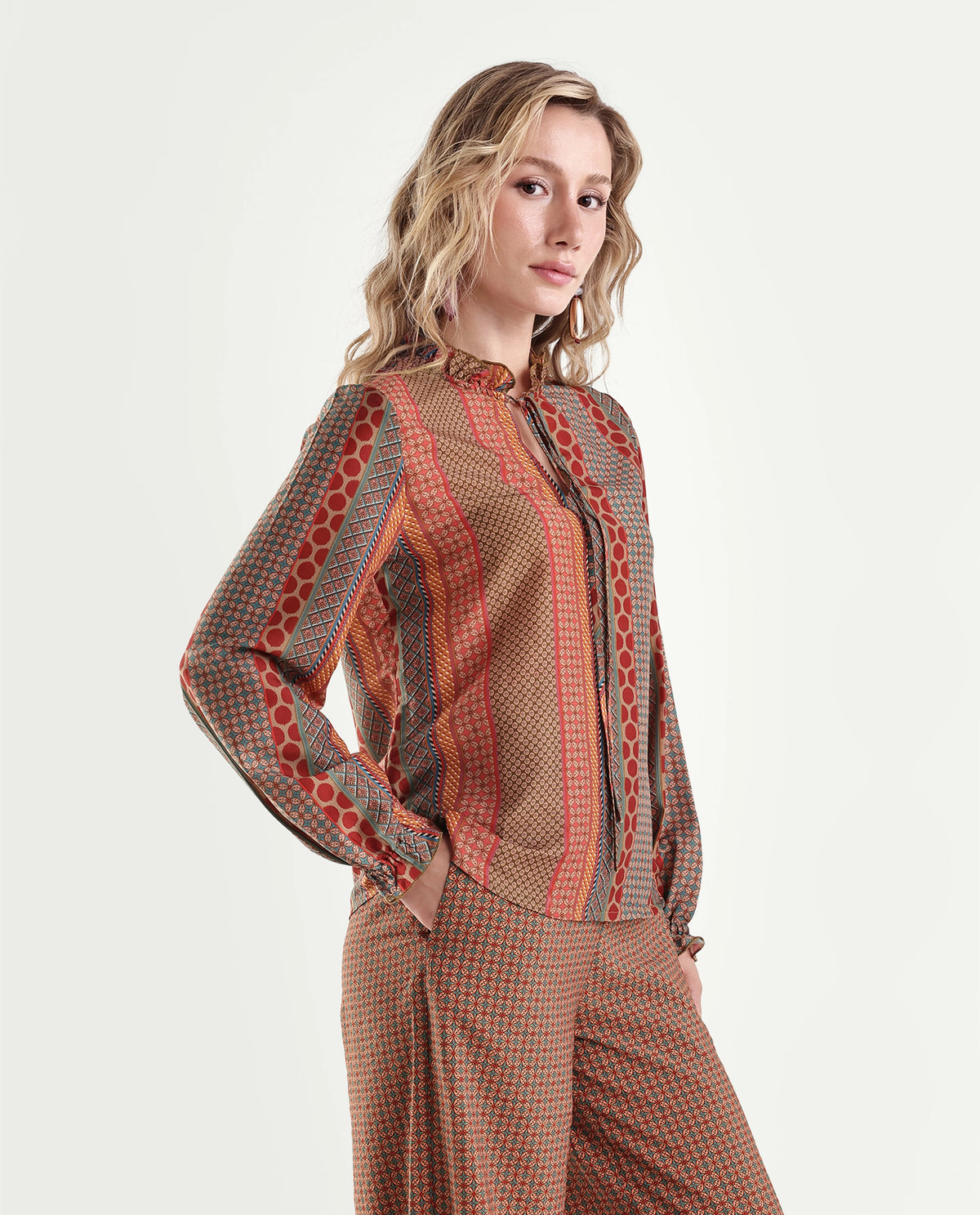 Rareism Womens Onflow Multi Polyester Ruffled Neck Regular Printed Top