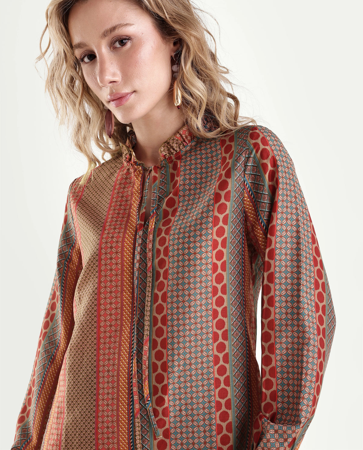 Rareism Womens Onflow Multi Polyester Ruffled Neck Regular Printed Top