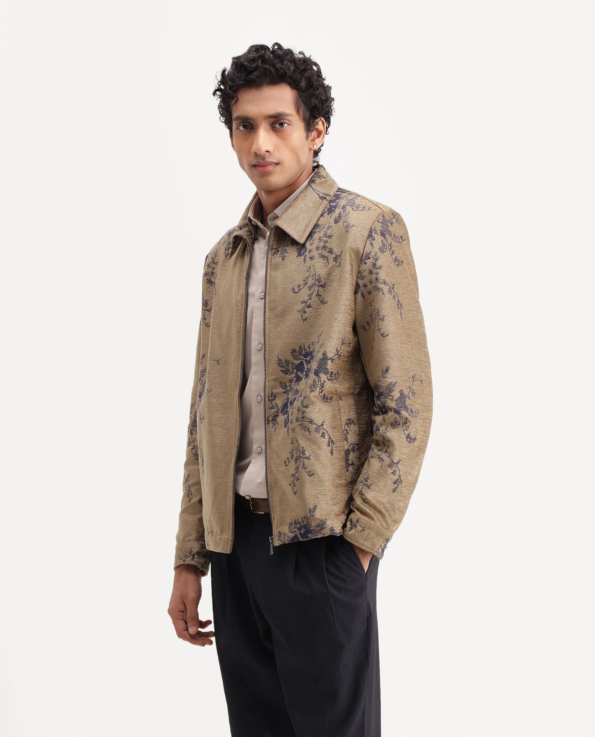 Rare Rabbit Mens Riva Brown Cotton Blend Spread Collar Regular Jacquard Jacket