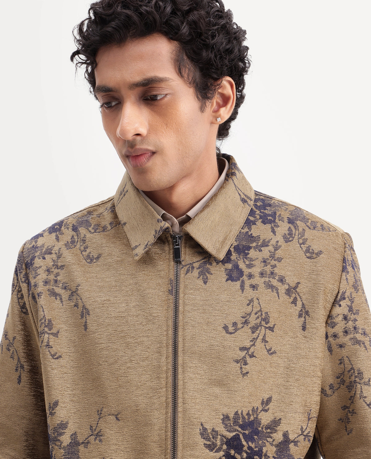 Rare Rabbit Mens Riva Brown Cotton Blend Spread Collar Regular Jacquard Jacket