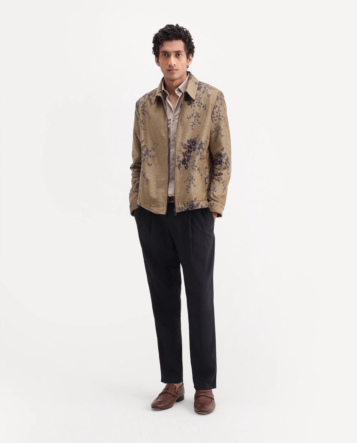 Rare Rabbit Mens Riva Brown Cotton Blend Spread Collar Regular Jacquard Jacket