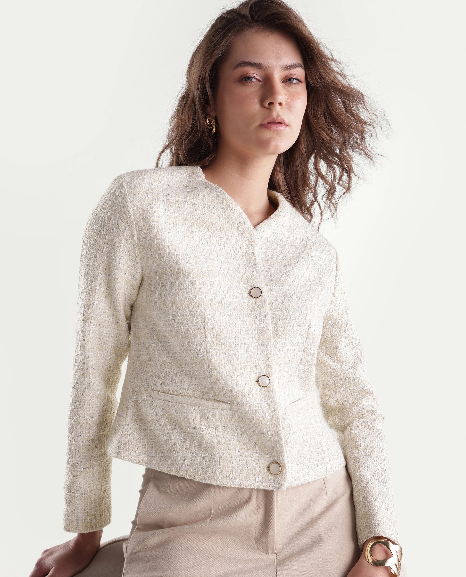 Rareism Womens Toat-J Off White Cotton Blend Collarless Regular Plain Jacket