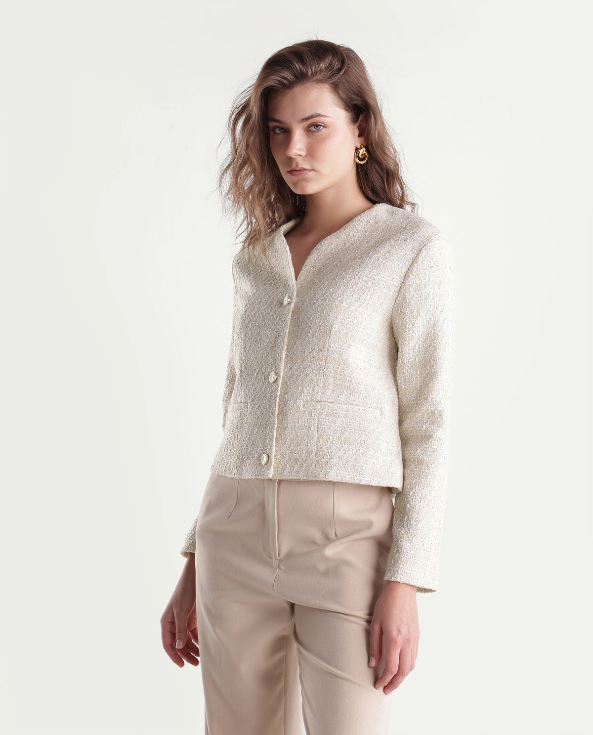 Rareism Womens Toat-J Off White Cotton Blend Collarless Regular Plain Jacket