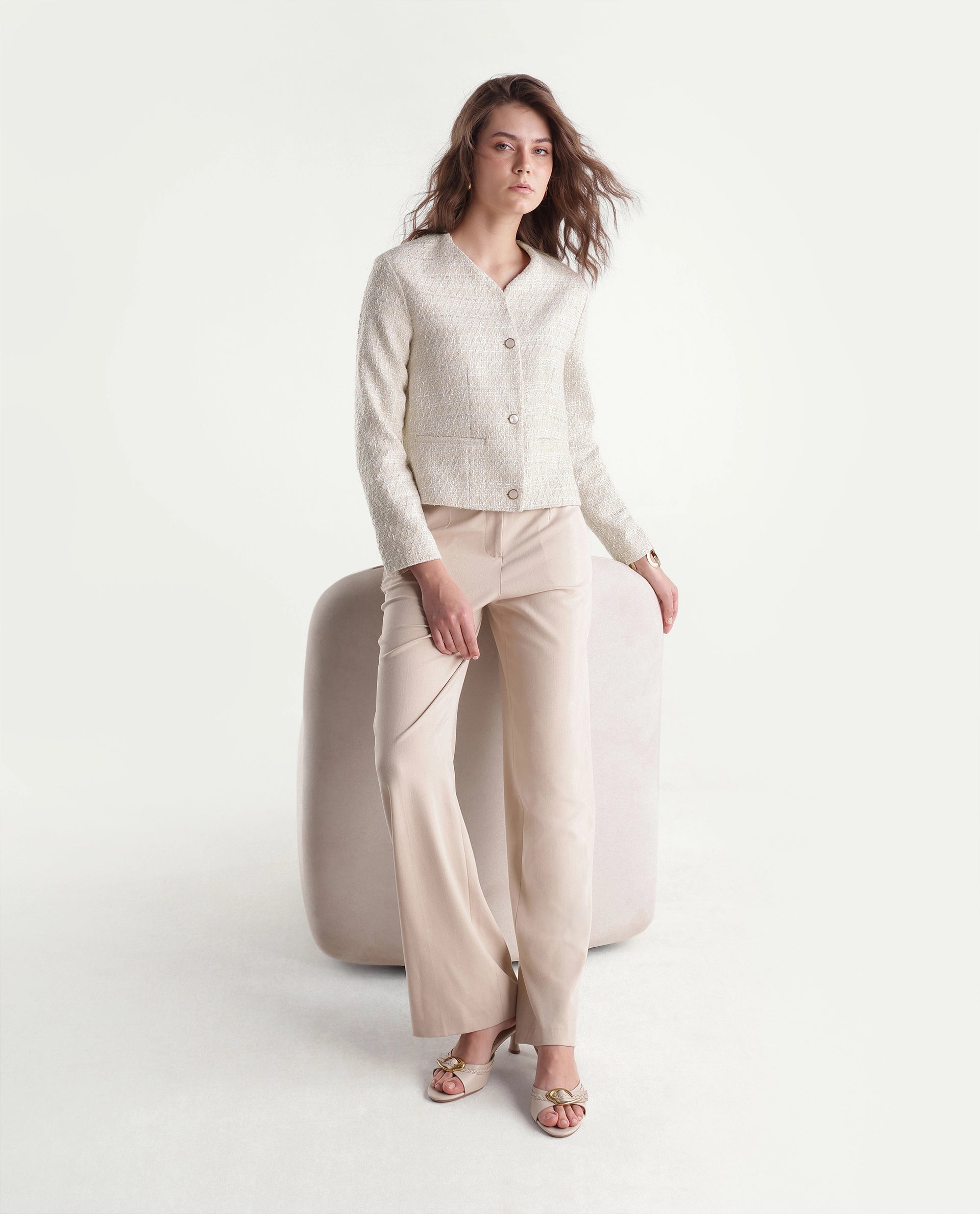 Rareism Womens Toat-J Off White Cotton Blend Collarless Regular Plain Jacket