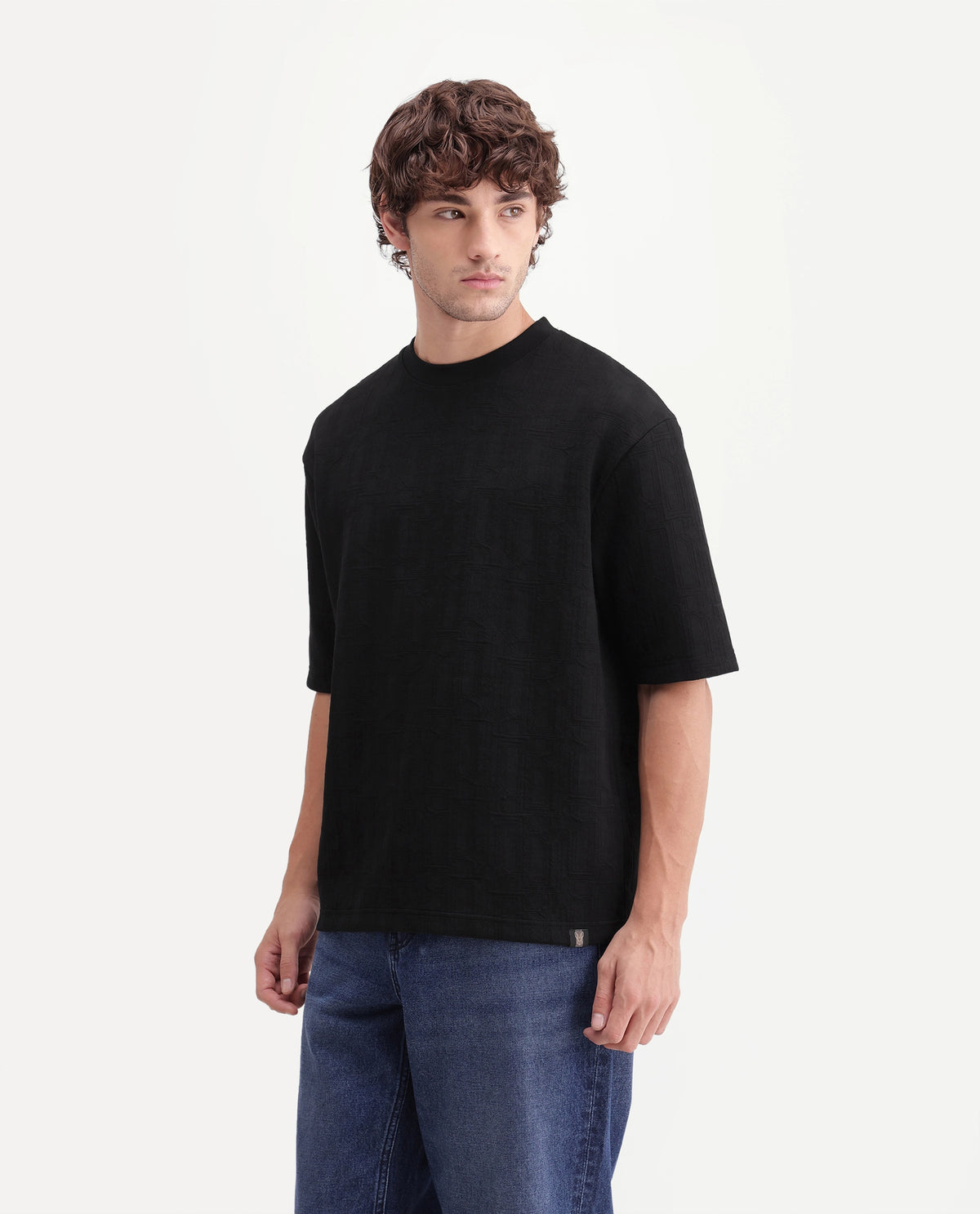 Rare Rabbit Mens Corin Black Cotton Blend Crew Neck Regular Textured T-Shirt