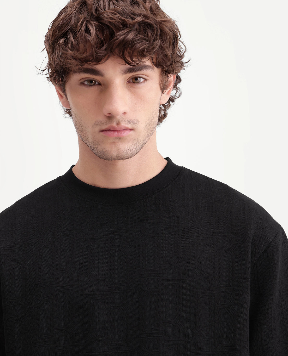 Rare Rabbit Mens Corin Black Cotton Blend Crew Neck Regular Textured T-Shirt
