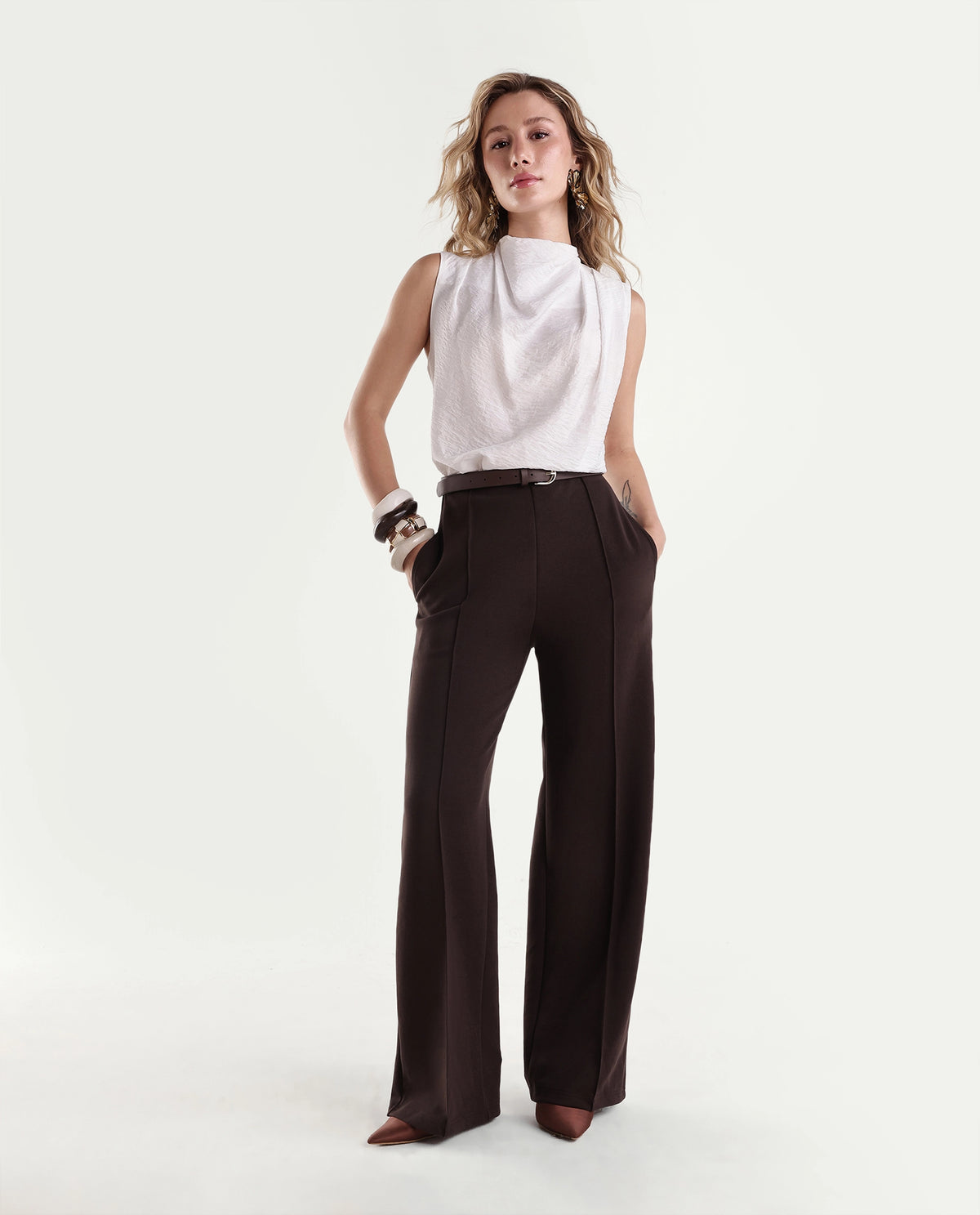 Rareism Womens Onjowl Off White Viscose Blend Cowl Neck Swing Plain Top