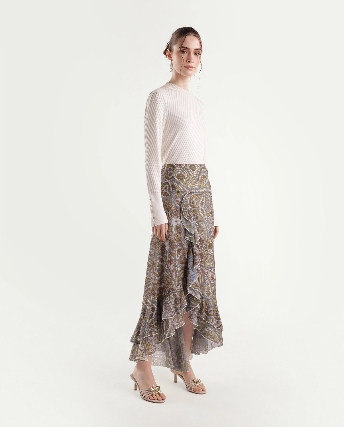 Rareism Women's Onfara Multi Polyester Button And Zip Ruffled Paisley Skirt - image 4
