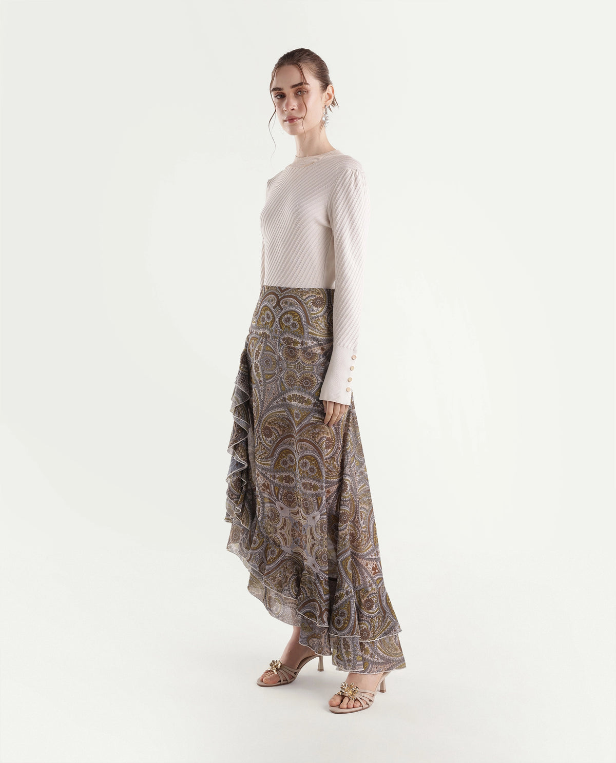 Rareism Women's Onfara Multi Polyester Button And Zip Ruffled Paisley Skirt - image 5