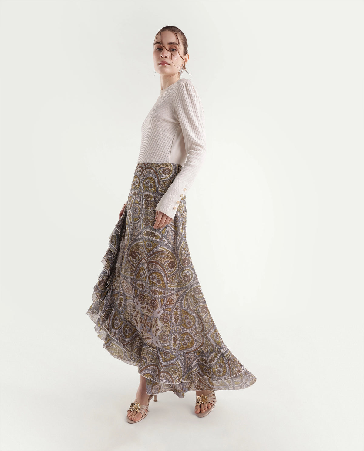 Rareism Women's Onfara Multi Polyester Button And Zip Ruffled Paisley Skirt - image 7