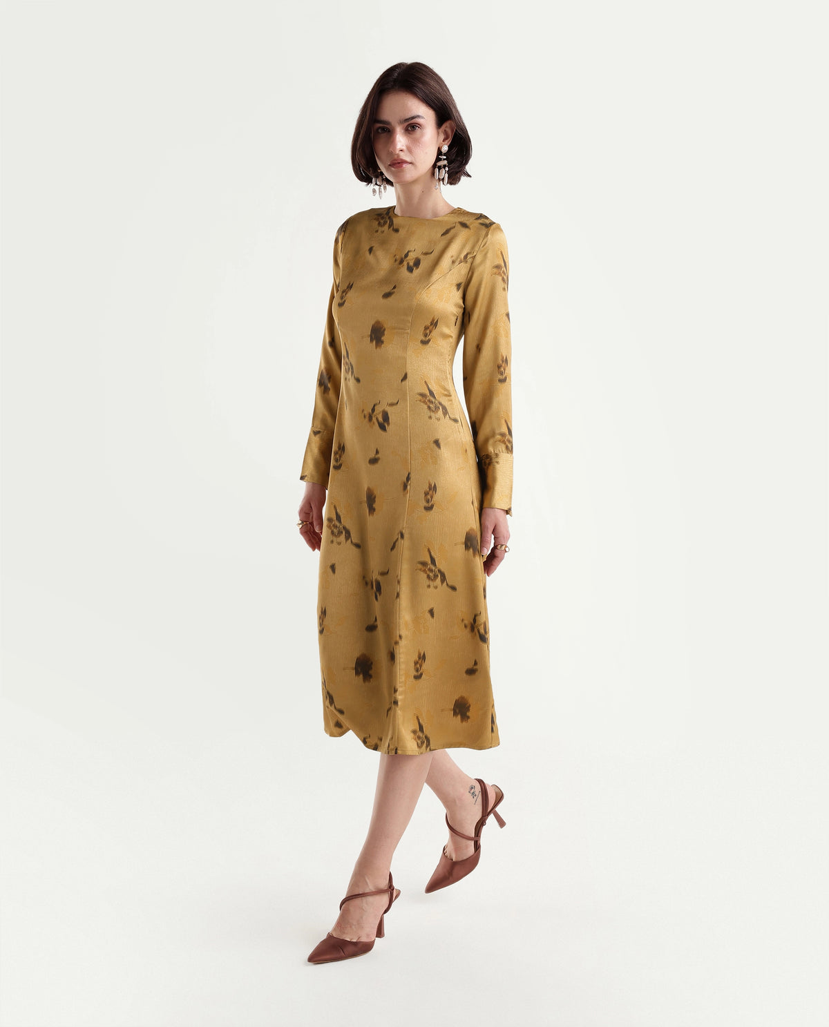Rareism Women's Onpress Mustard Polyester Button And Zip Fit And Flare Floral Print Dress - image 1